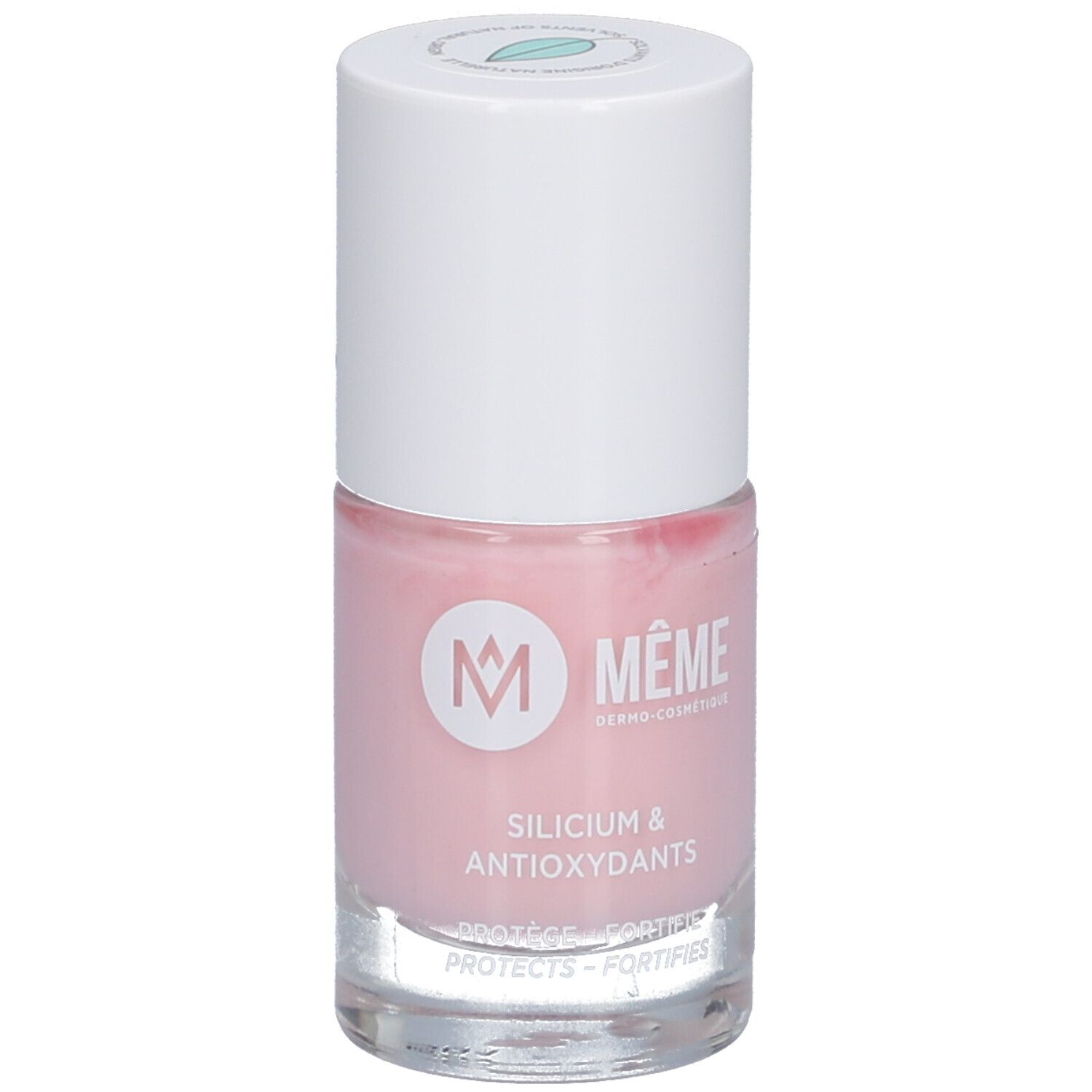 Flacon de vernis à ongles rose avec bouchon blanc. Inscription : MÊME, Silicium & Antioxydants. Protège et fortifie.