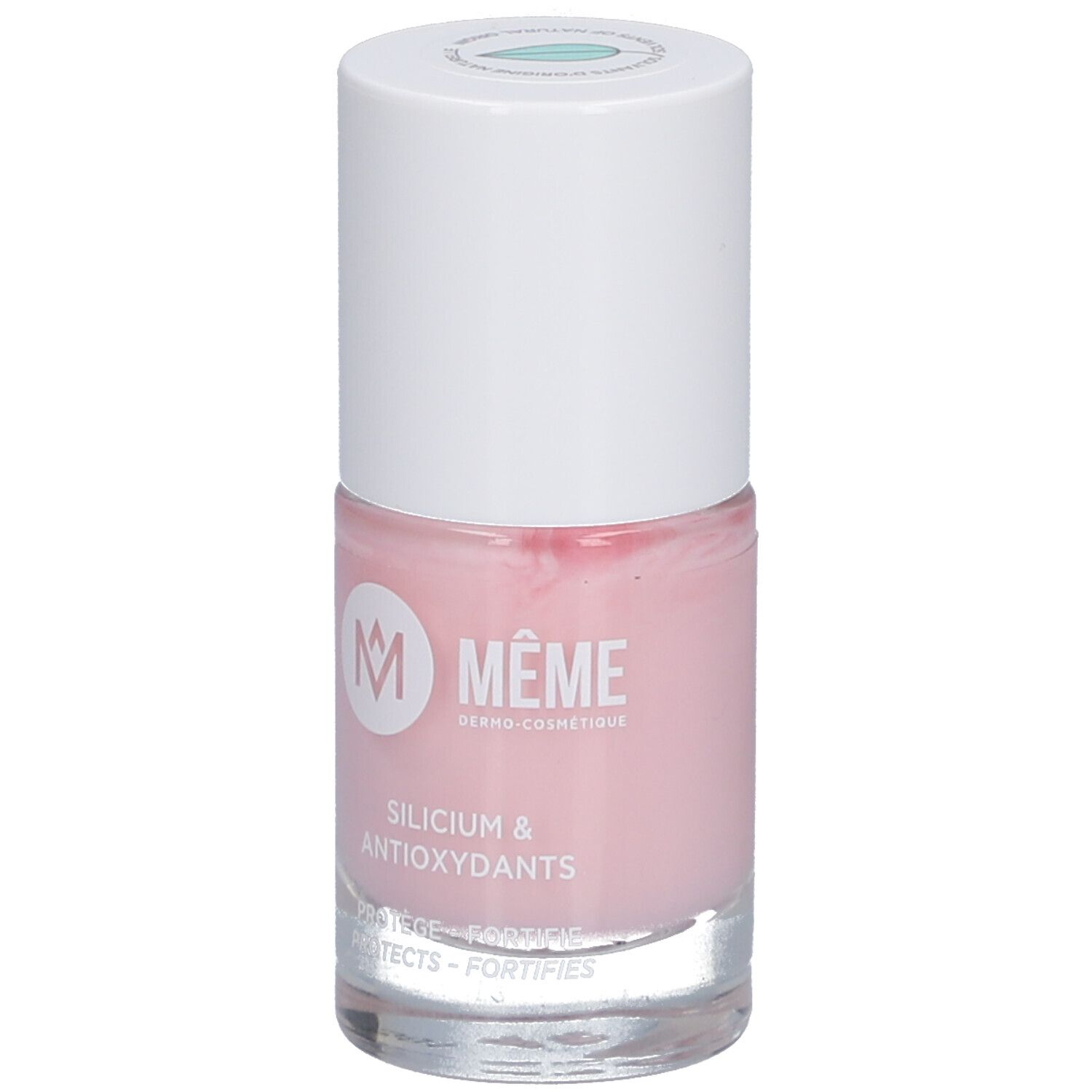 Flacon de vernis à ongles rose avec bouchon blanc. Inscription : MÊME, Silicium & Antioxydants. Protège et fortifie.