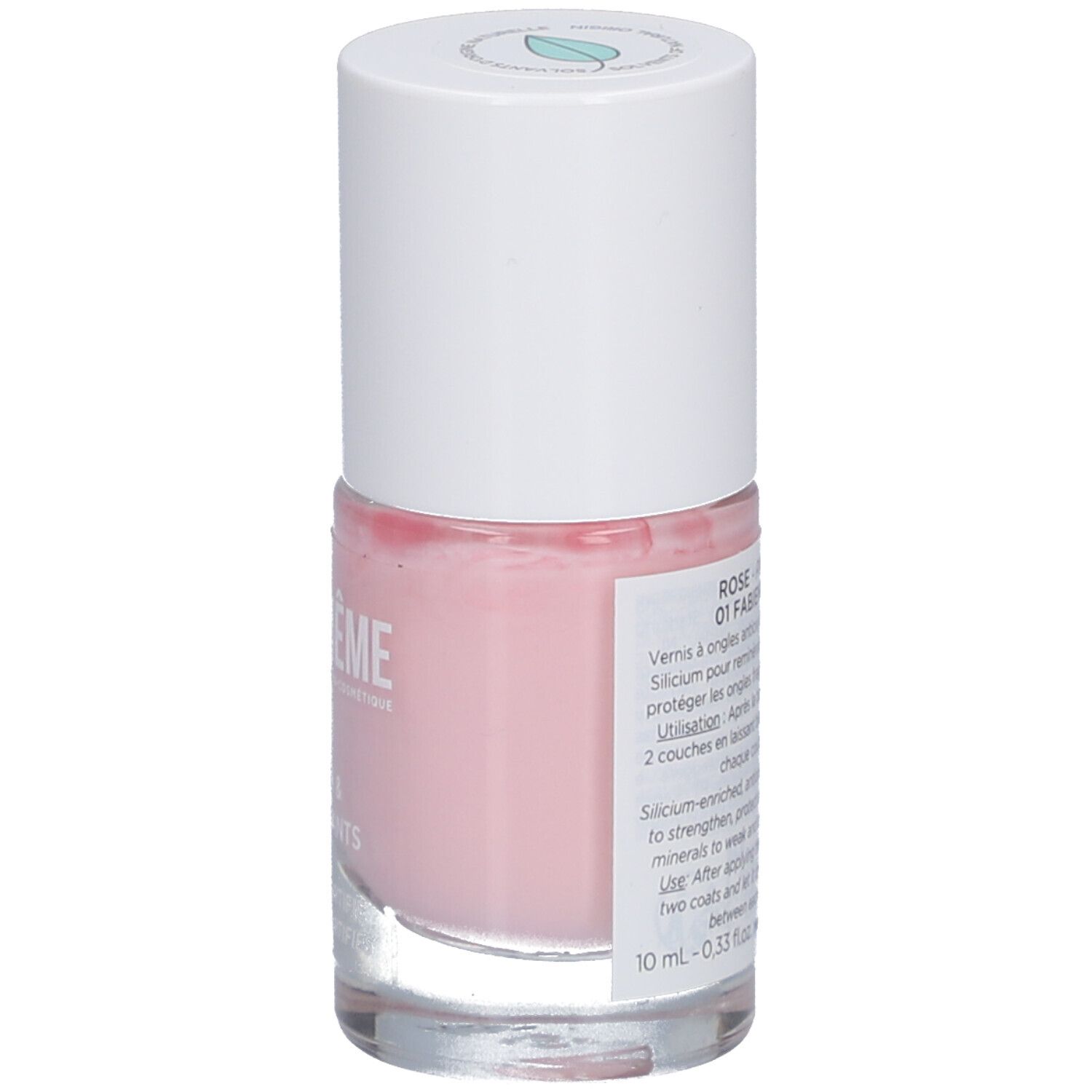 Dos du flacon de vernis à ongles rose avec bouchon blanc. Nom du produit : Rose - Pink 01 Fabienne. Texte.