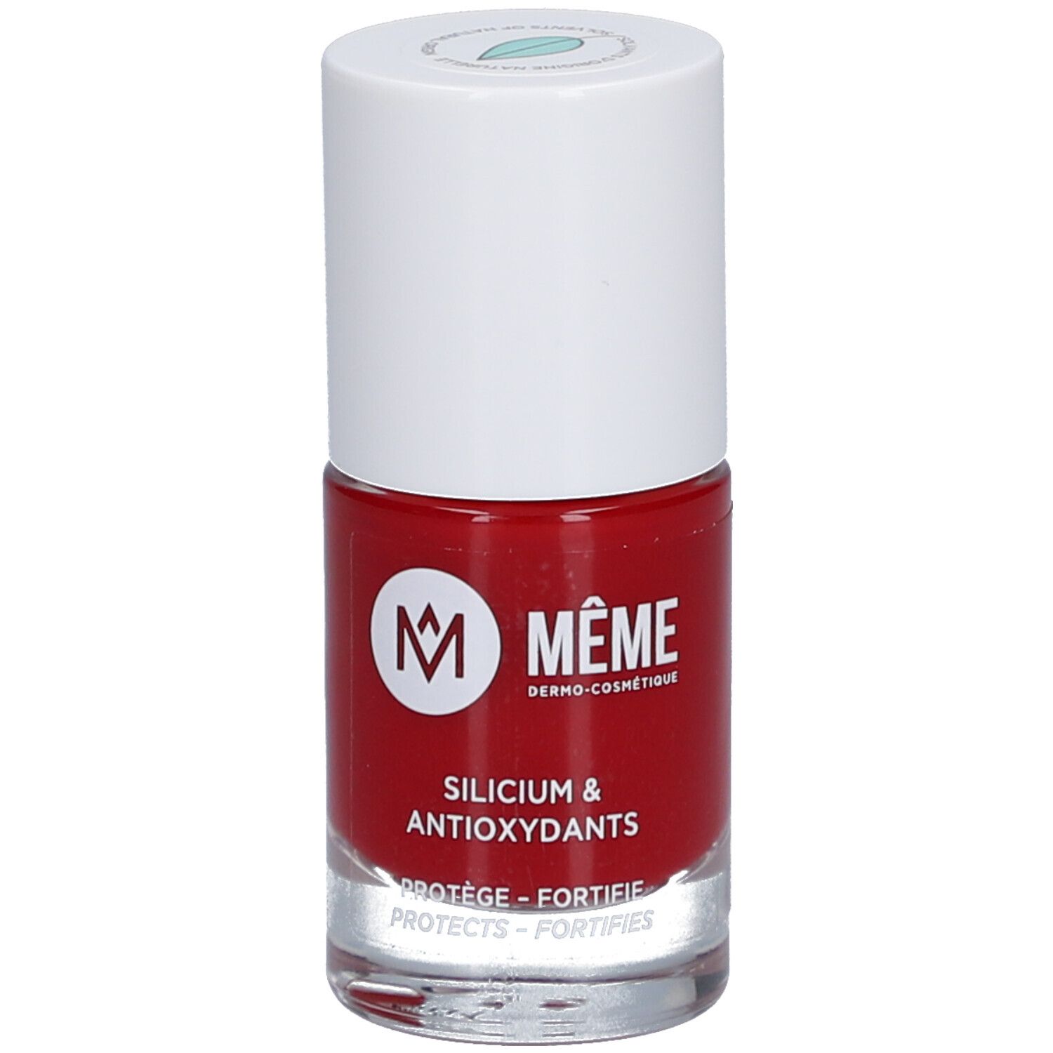Rode nagellakfles met witte dop. Opschrift: MÊME, Silicium & Antioxydants. Beschermt en versterkt de nagels.
