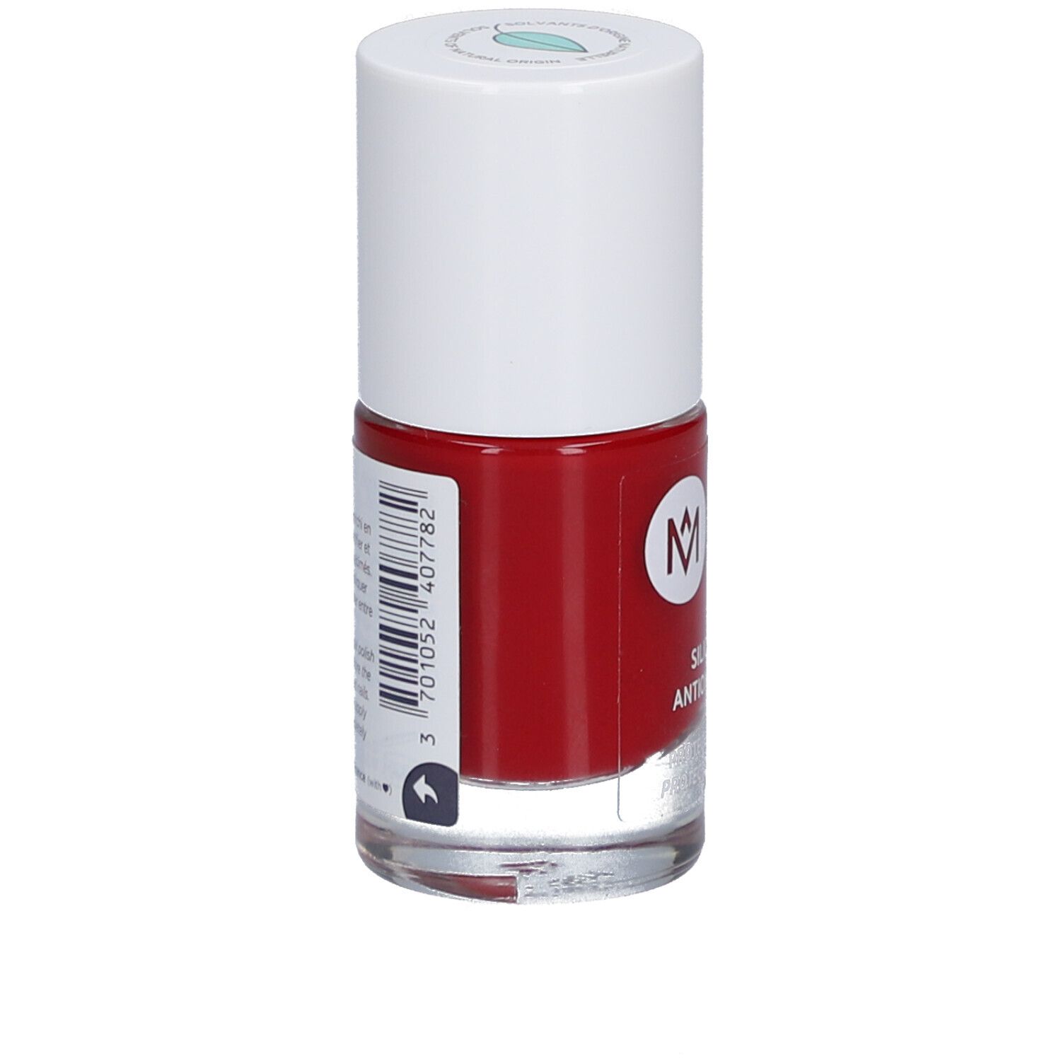 Rode nagellakfles met witte dop. Achterkant met barcode en productinformatie. Merk: MÊME.