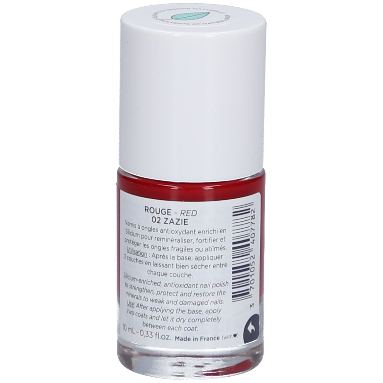 Rode nagellakfles met witte dop. Achterkant met productinformatie en ingrediënten. Merk: MÊME.