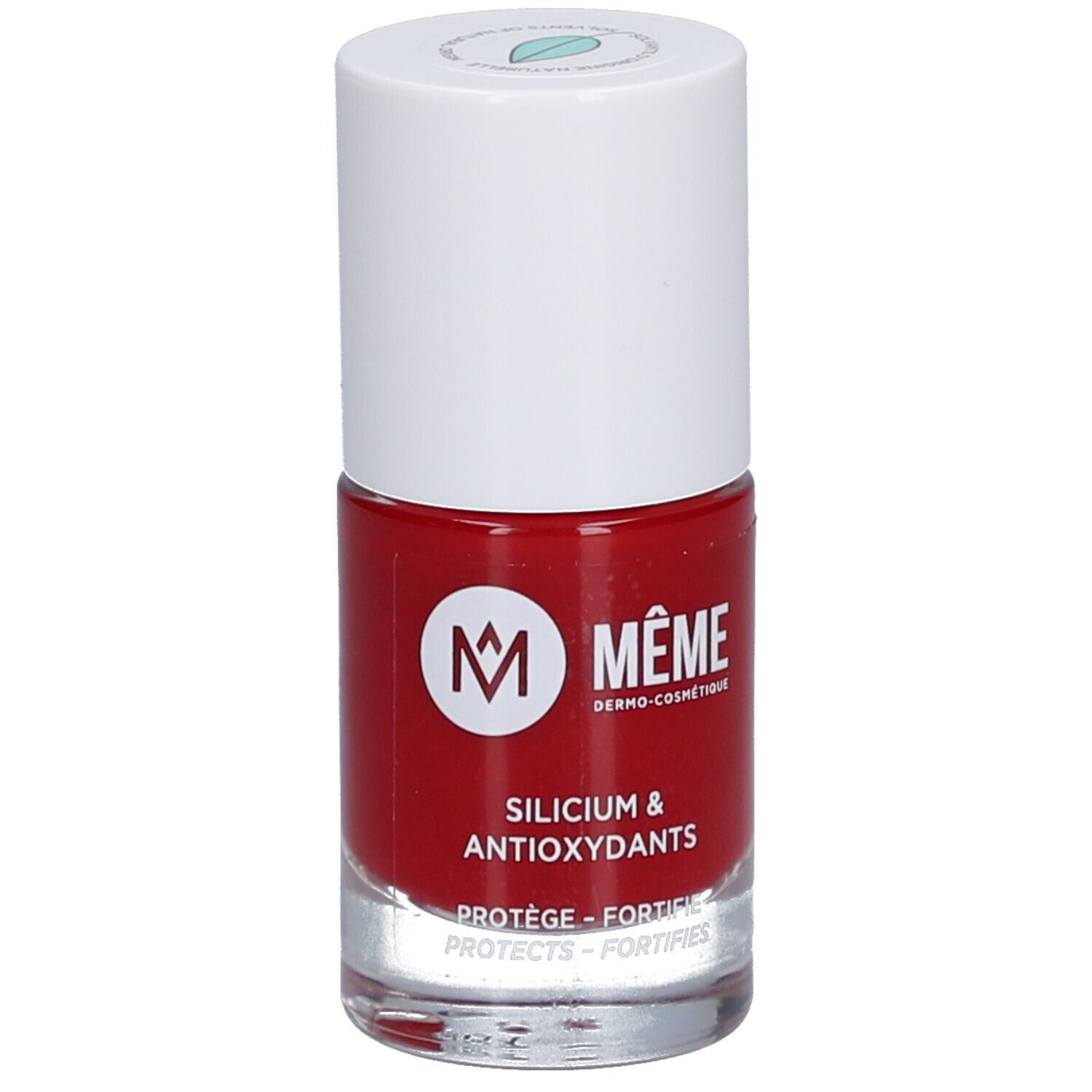 Rode nagellakfles met witte dop. Opschrift: MÊME, Silicium & Antioxydants. Beschermt en versterkt de nagels.