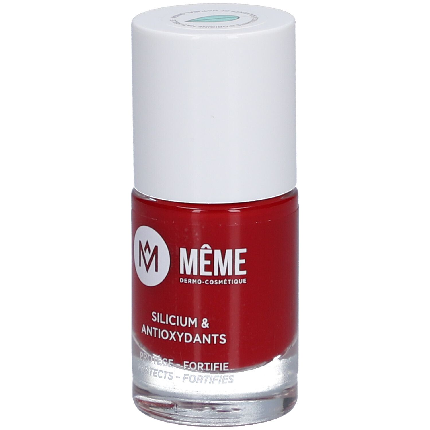 Rode nagellakfles met witte dop. Opschrift: MÊME, Silicium & Antioxydants. Beschermt en versterkt de nagels.