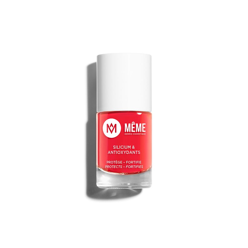 Flacon de vernis à ongles rouge avec bouchon blanc. Inscriptions: MEME, Silicium & Antioxydants. Base transparente.