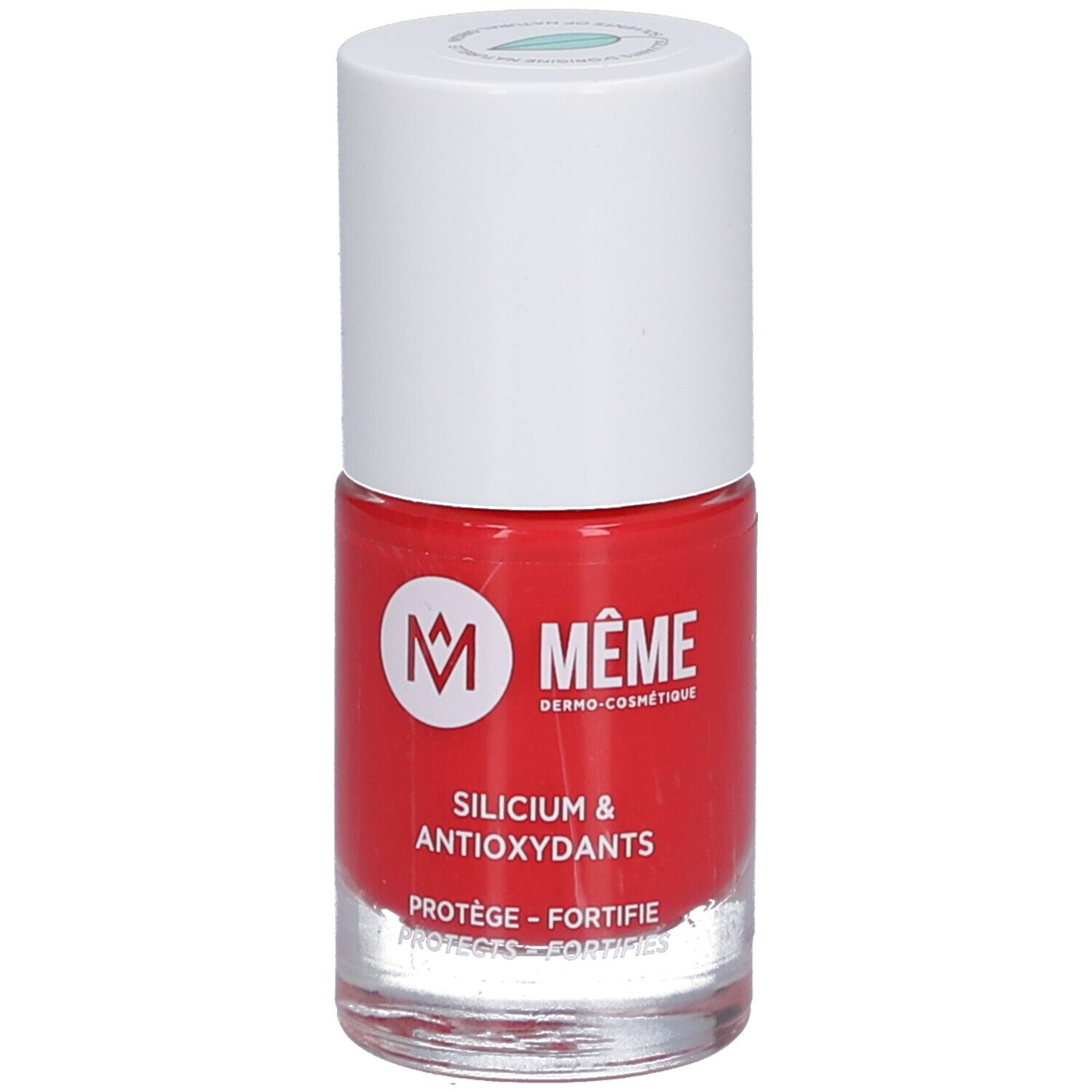Flacon de vernis à ongles rouge avec bouchon blanc. Inscriptions: MEME, Silicium & Antioxydants. Base transparente.