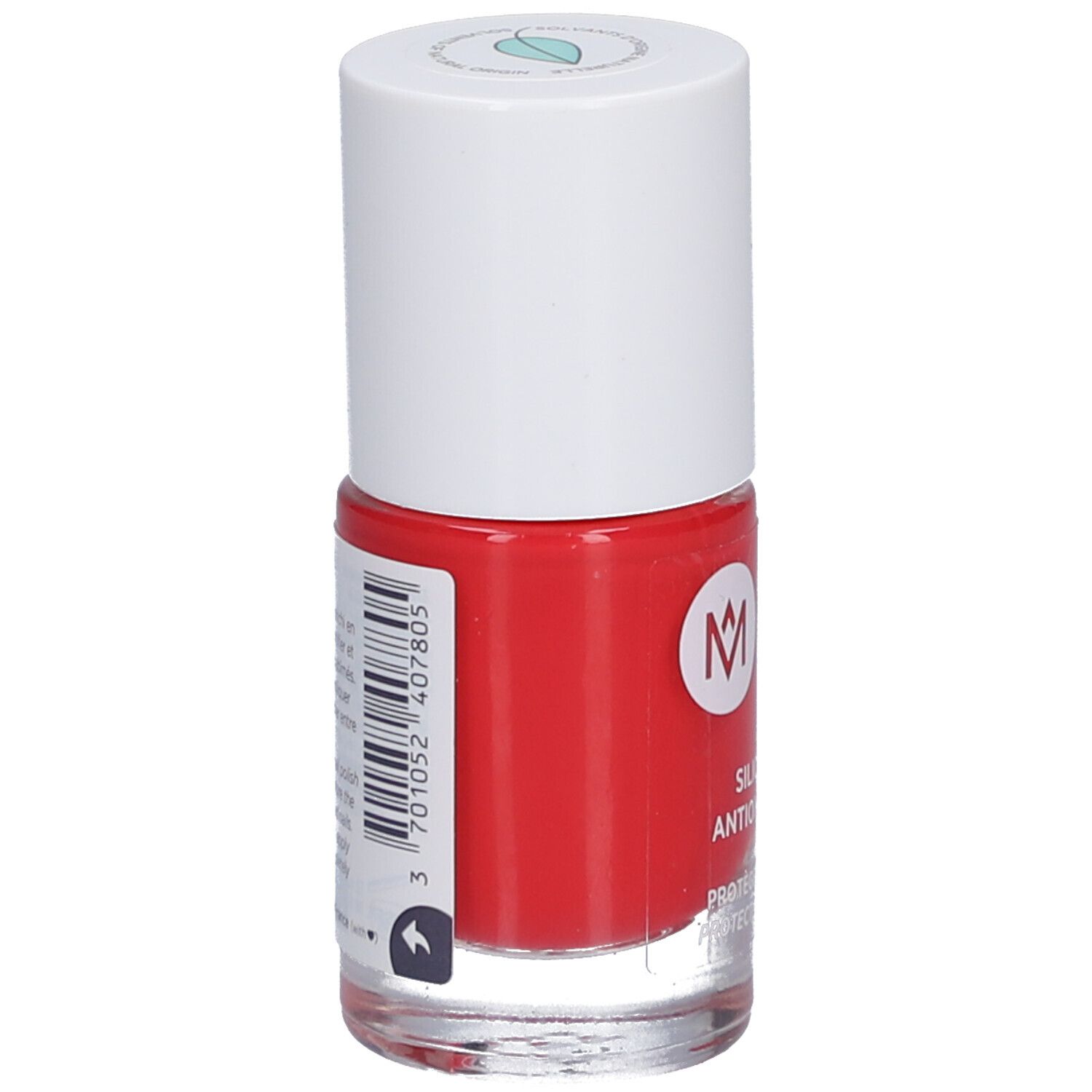 Flacon de vernis à ongles rouge avec bouchon blanc. Dos avec code-barres et informations produit. Base transparente.