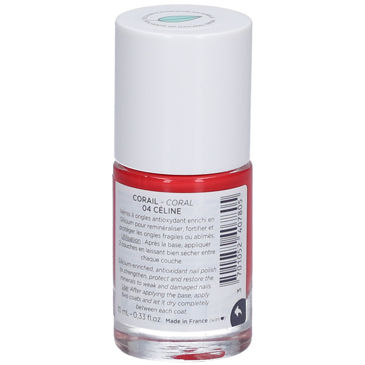 Flacon de vernis à ongles rouge avec bouchon blanc. Informations produit au dos. Désignation: 04 Céline. Fabriqué en France.