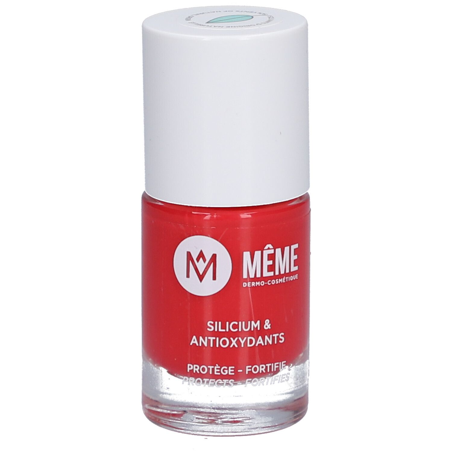 Flacon de vernis à ongles rouge avec bouchon blanc. Inscriptions: MEME, Silicium & Antioxydants. Base transparente.