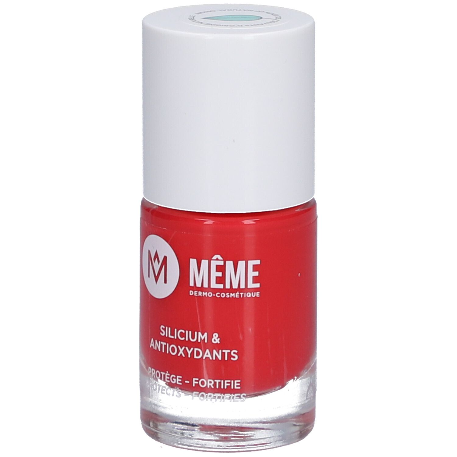 Flacon de vernis à ongles rouge avec bouchon blanc. Inscriptions: MEME, Silicium & Antioxydants. Base transparente.