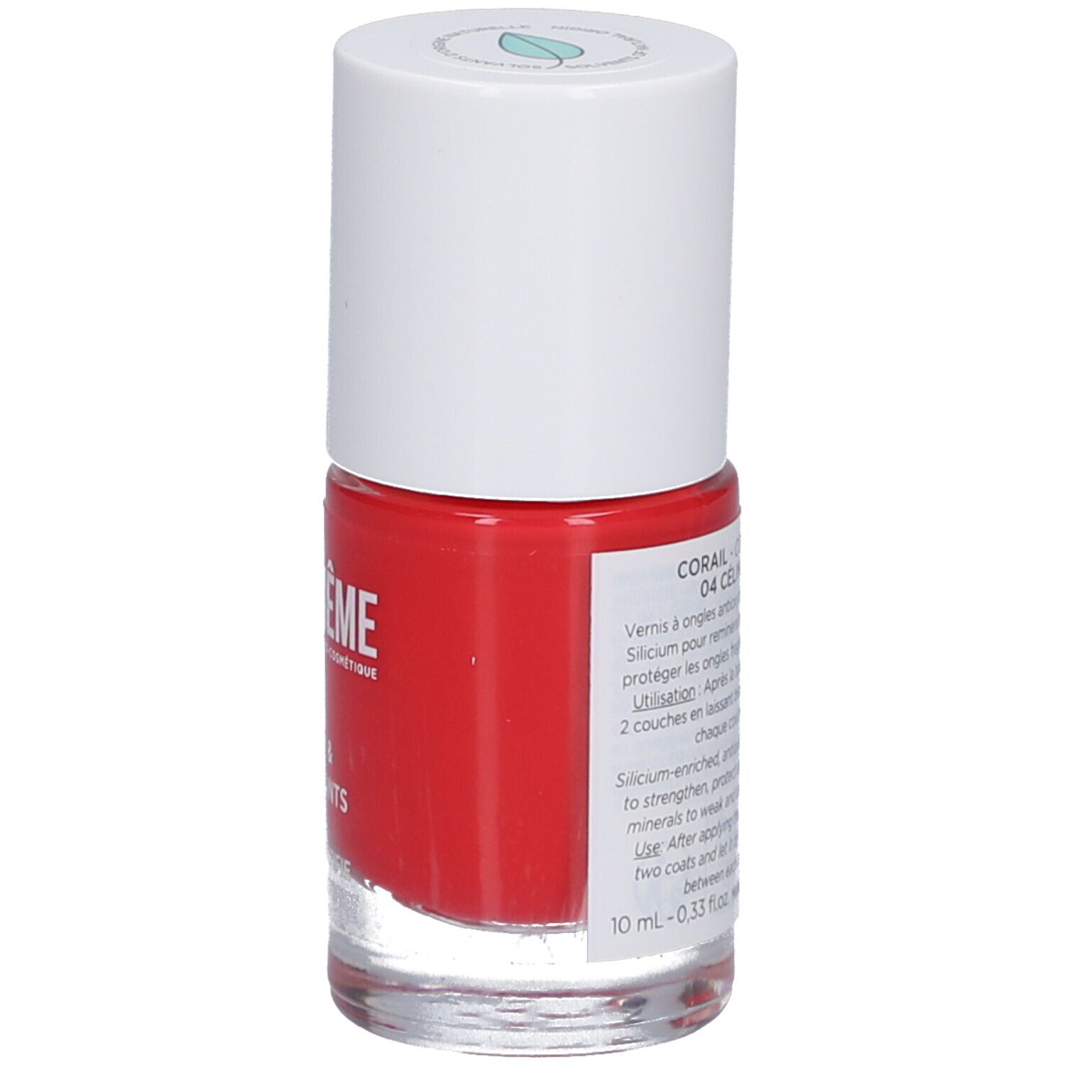 Flacon de vernis à ongles rouge avec bouchon blanc. Informations produit au dos. Désignation: 04 Céline. 10 ml.