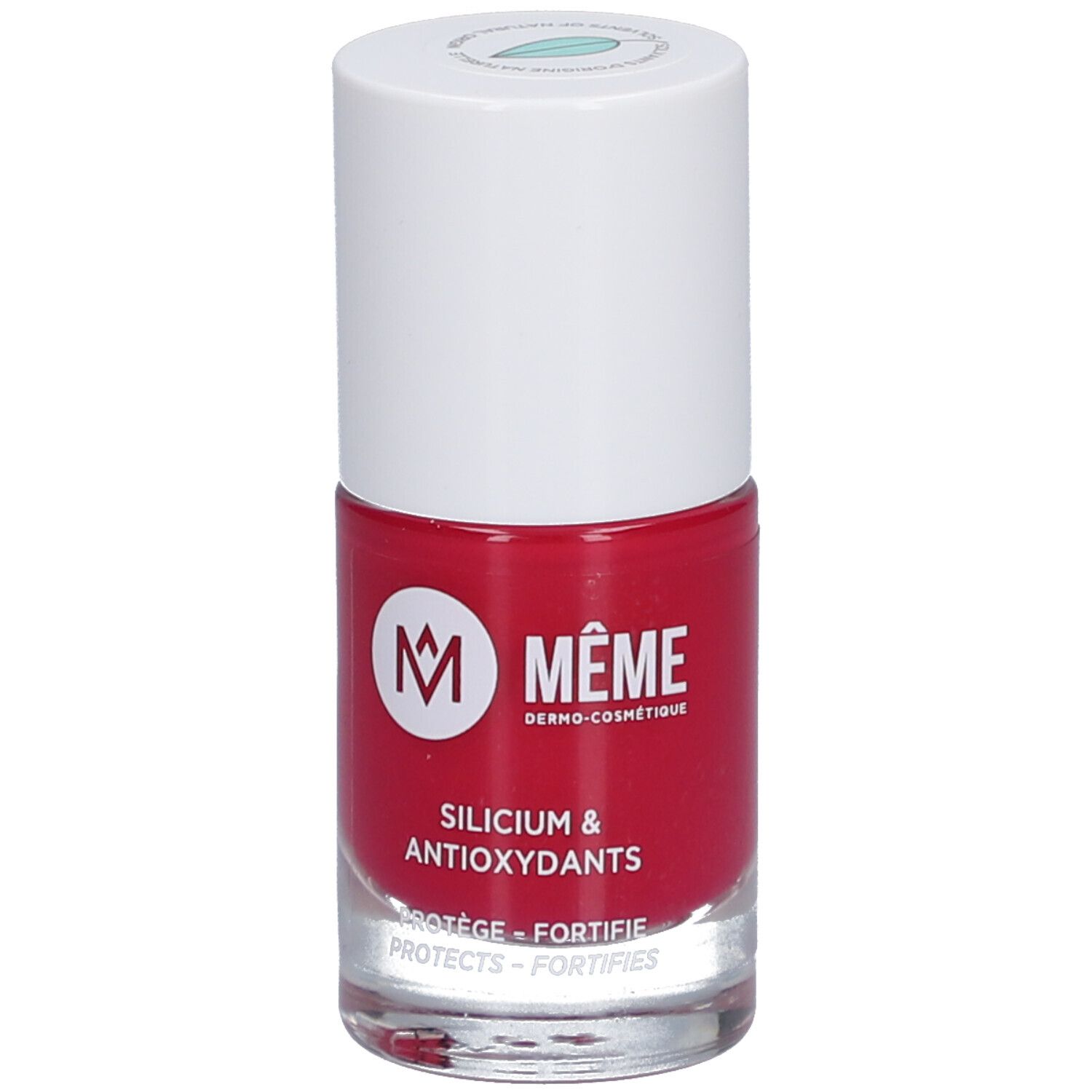 Flacon de vernis à ongles rouge avec bouchon blanc. Inscription: MÊME, Silicium & Antioxydants. Protège et fortifie.