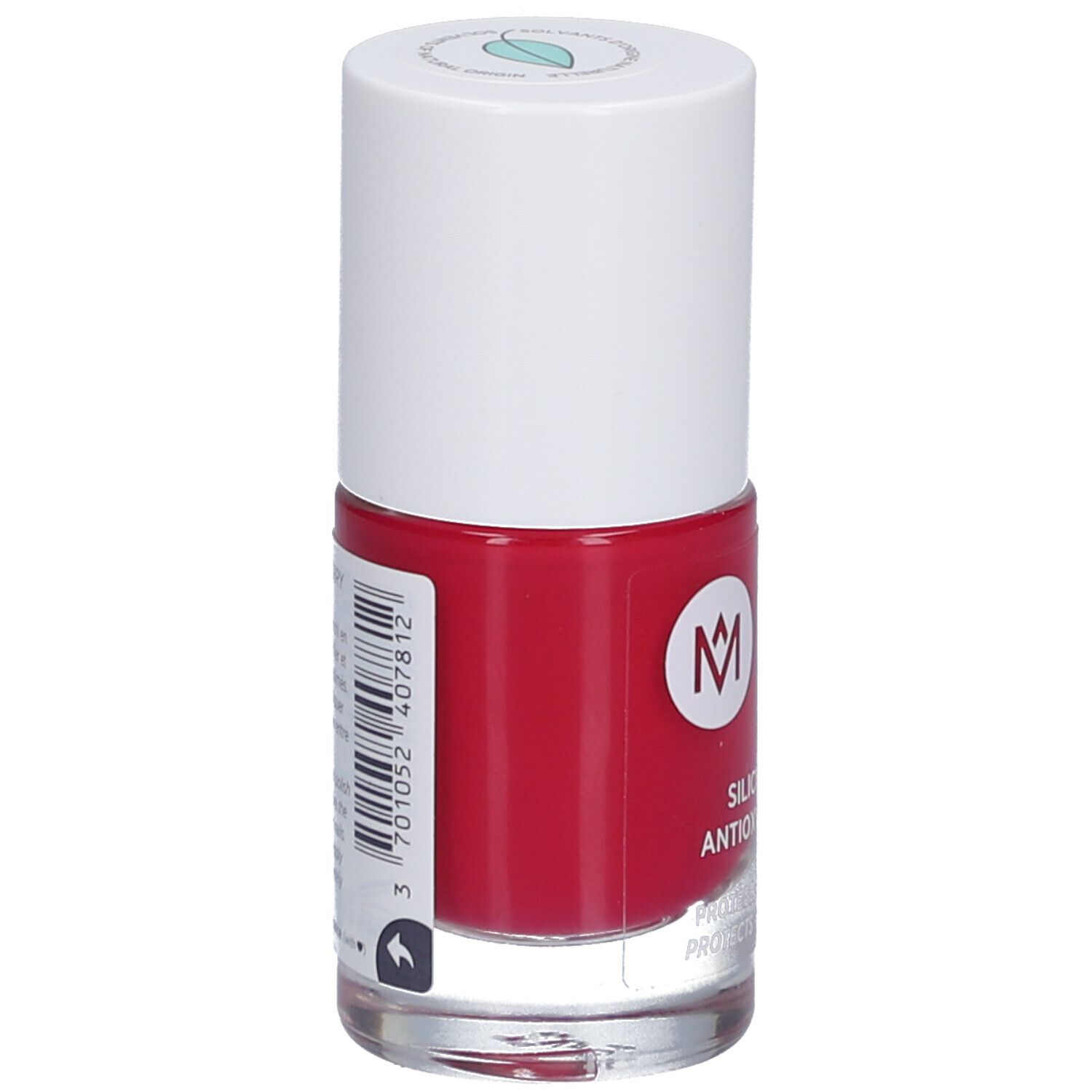 Flacon de vernis à ongles rouge avec bouchon blanc. Inscription: MÊME, Silicium & Antioxydants. Protège et fortifie.