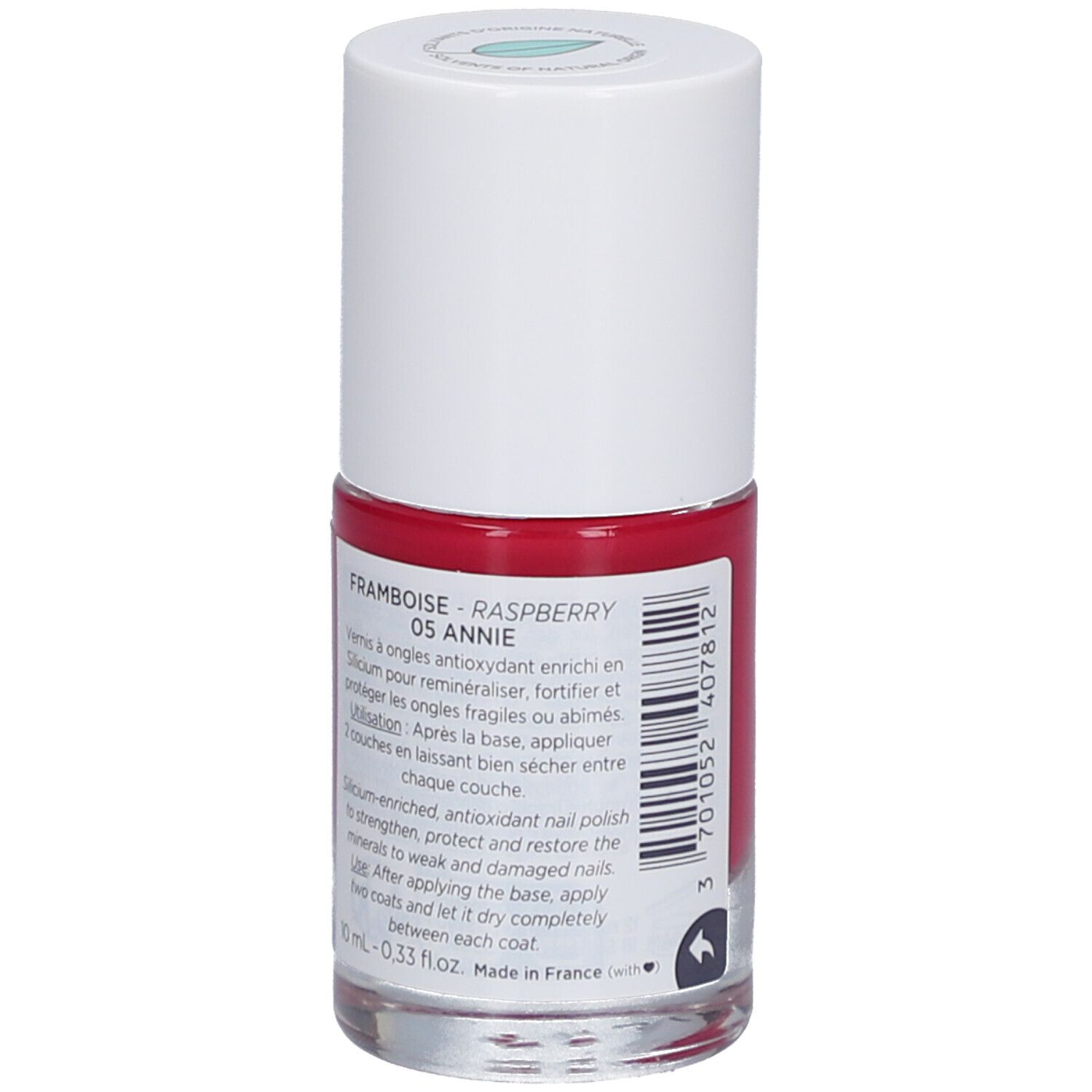 Flacon de vernis à ongles rouge avec bouchon blanc. Inscription: MÊME, Framboise 05 Annie. Contient silicium et antioxydants.