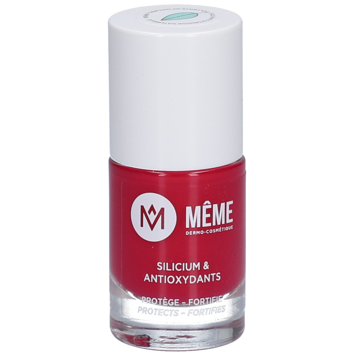 Flacon de vernis à ongles rouge avec bouchon blanc. Inscription: MÊME, Silicium & Antioxydants. Protège et fortifie.