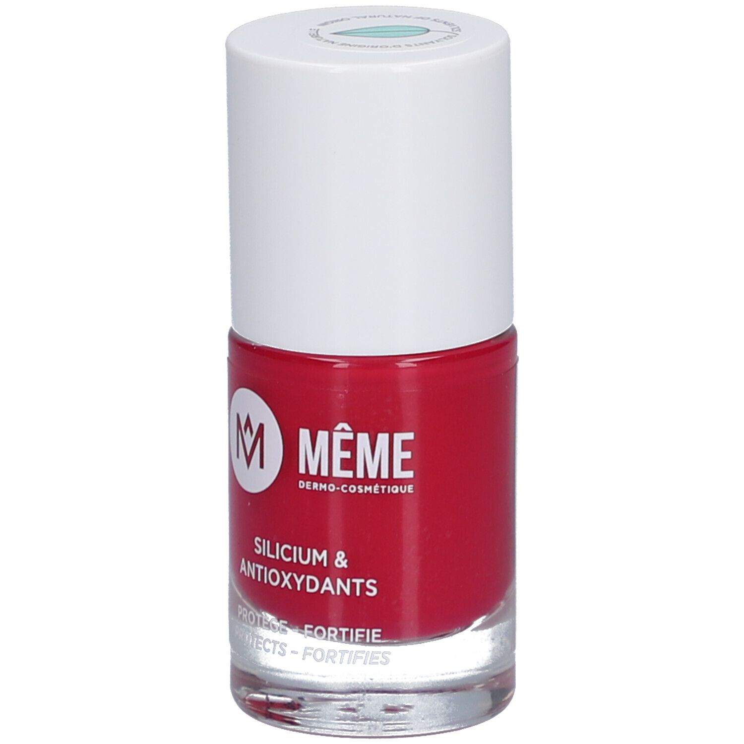 Flacon de vernis à ongles rouge avec bouchon blanc. Inscription: MÊME, Silicium & Antioxydants. Protège et fortifie.