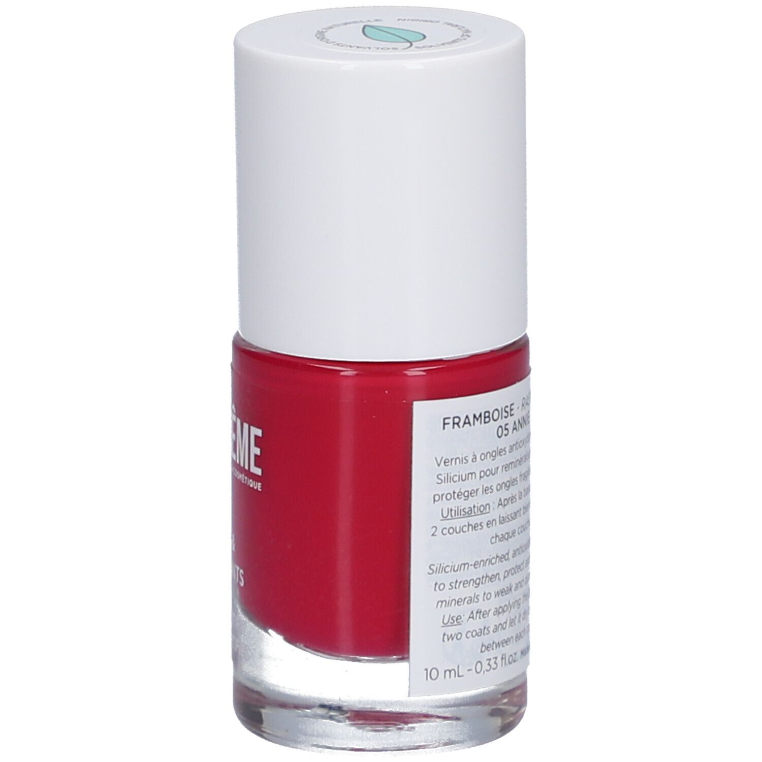 Flacon de vernis à ongles rouge avec bouchon blanc. Inscription: MÊME, Framboise 05 Annie. Contient silicium et antioxydants.