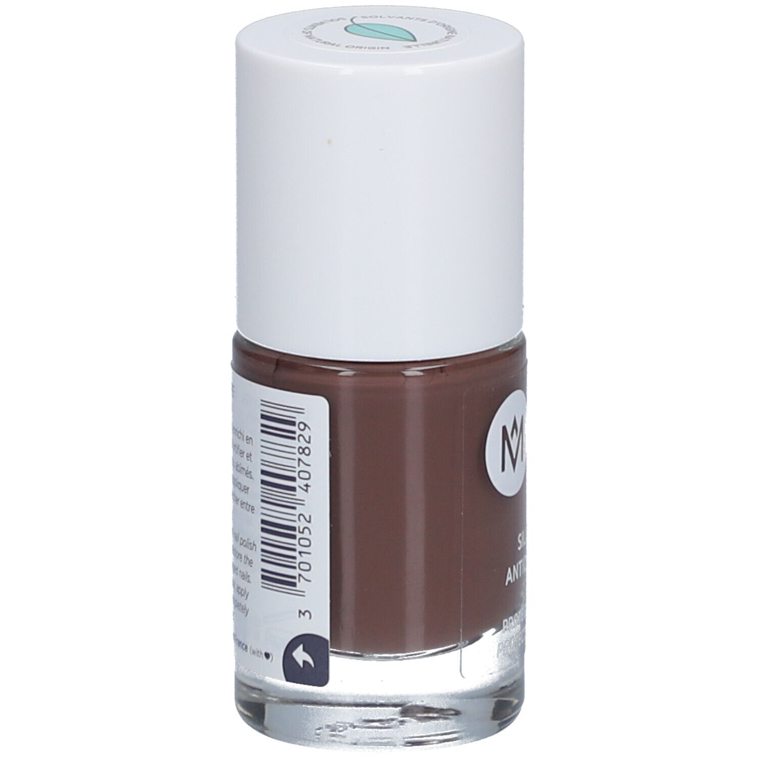 Rückseite der Nagellackflasche. Barcode und Informationen. MÊME Logo. Braune Nagellackfarbe.