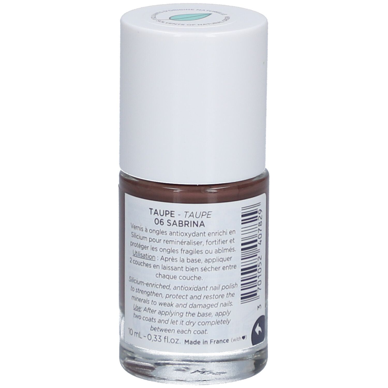 Nagellackflasche mit Etikett. Farbton Taupe 06 Sabrina. Informationen zur Anwendung. 10 ml.