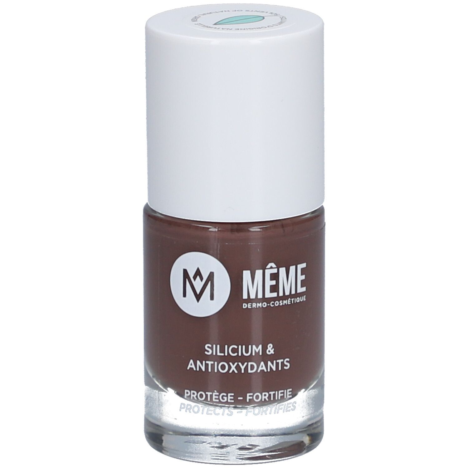 Nagellackflasche mit brauner Farbe. Aufschrift: MÊME, Silicium & Antioxidantien. Schützt, stärkt.