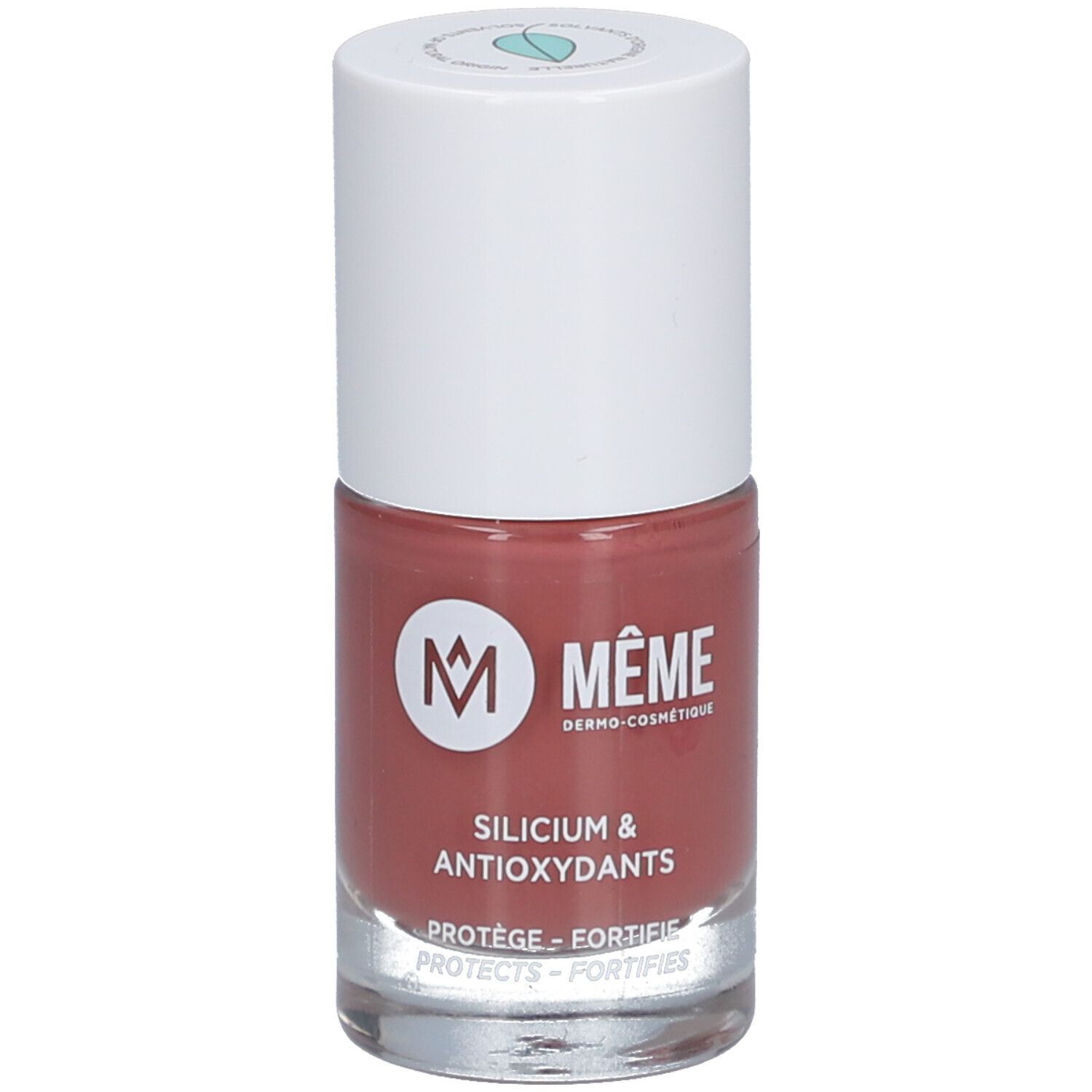 Flacon de vernis à ongles rose avec bouchon blanc. Inscription: MEME, Silicium & Antioxydants.