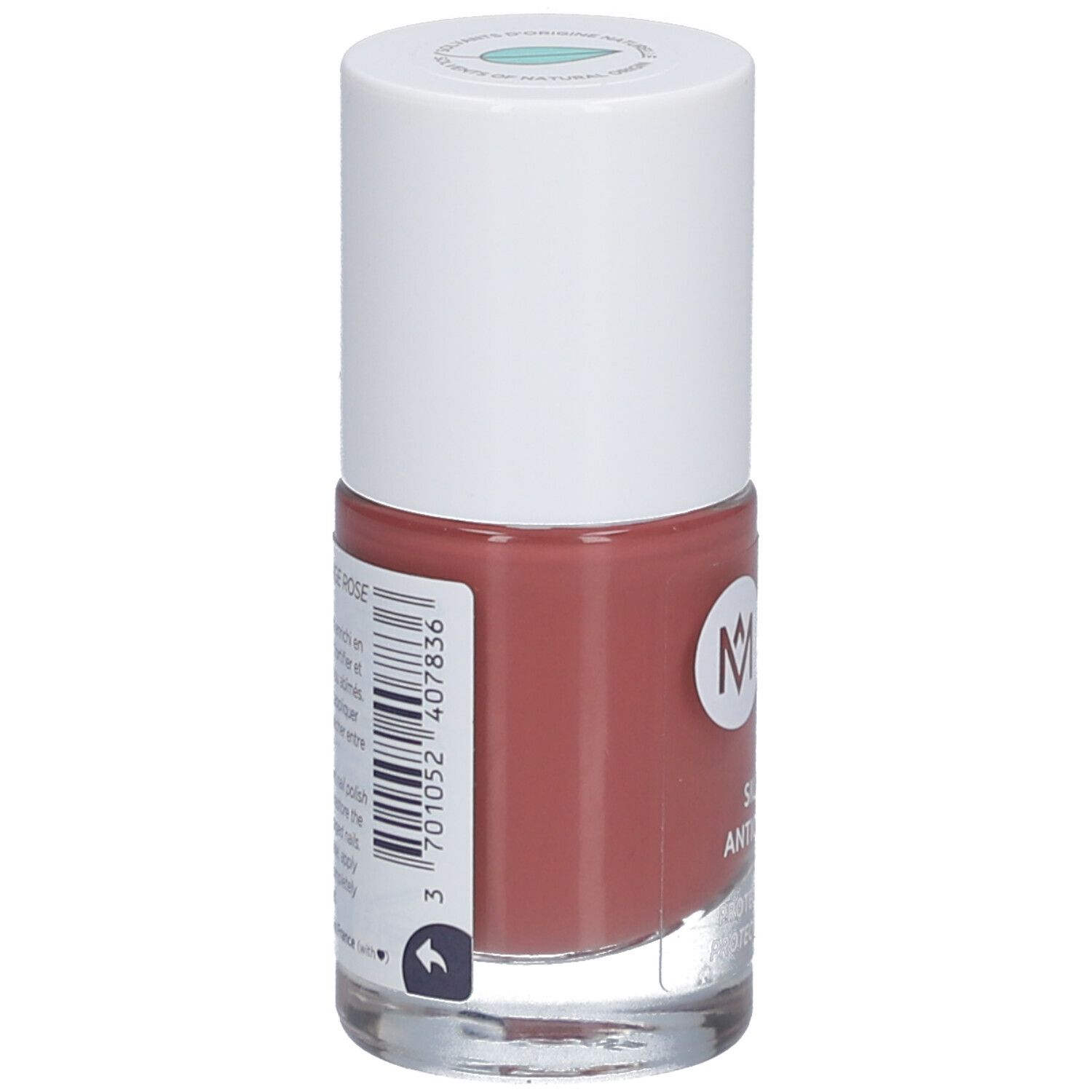 Flacon de vernis à ongles rose avec bouchon blanc. Inscription: MEME, Silicium & Antioxydants. Code-barres.