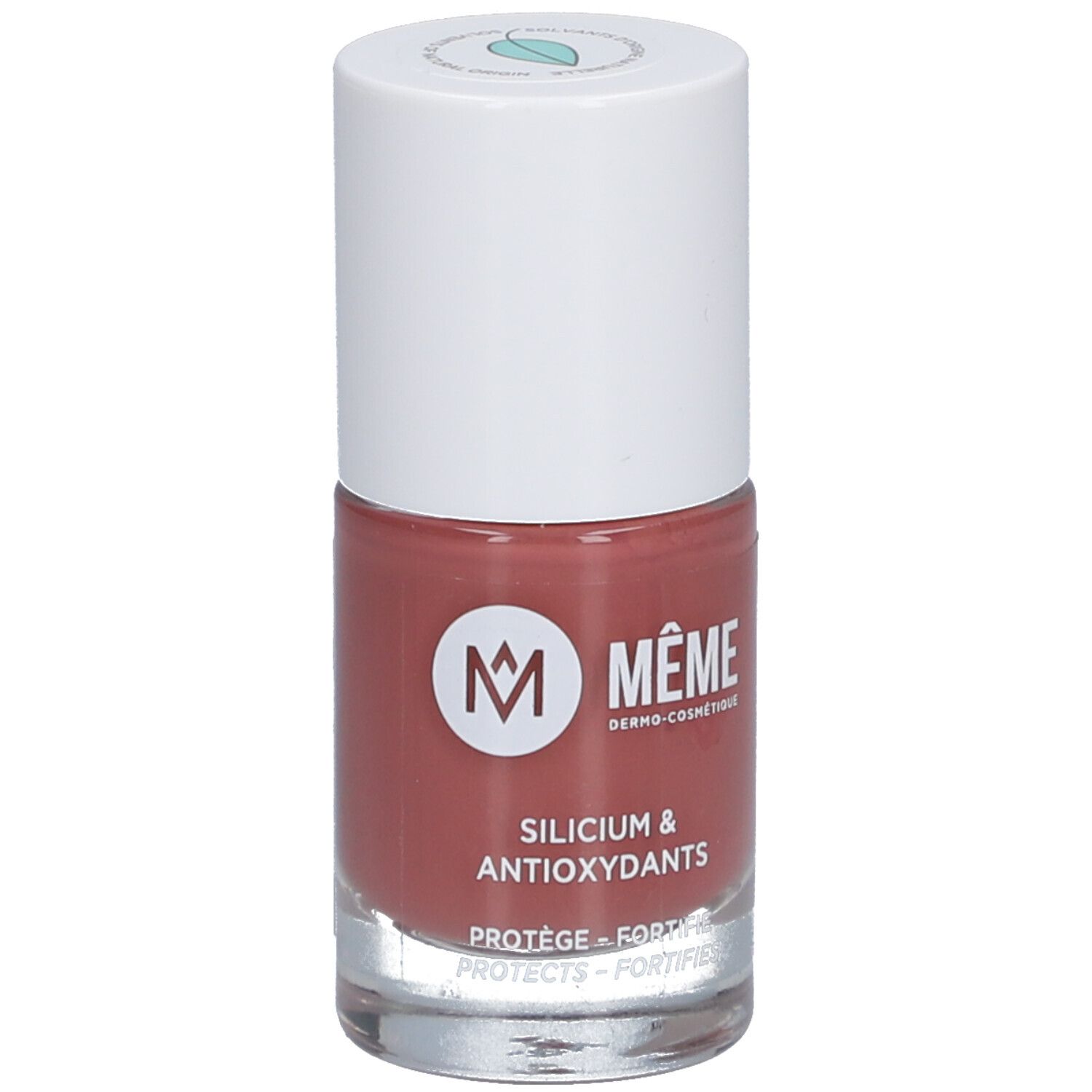 Flacon de vernis à ongles rose avec bouchon blanc. Inscription: MEME, Silicium & Antioxydants.