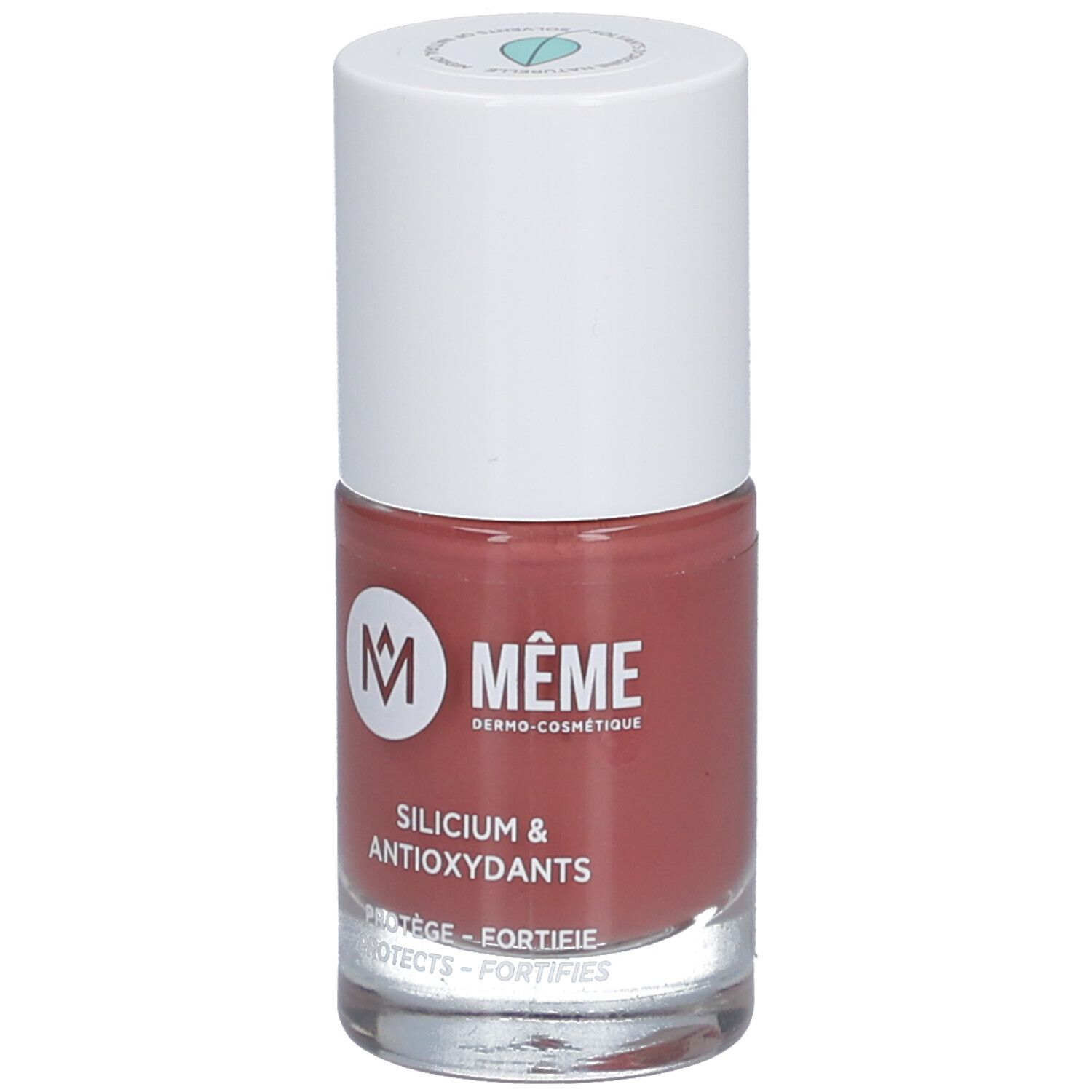 Flacon de vernis à ongles rose avec bouchon blanc. Inscription: MEME, Silicium & Antioxydants.