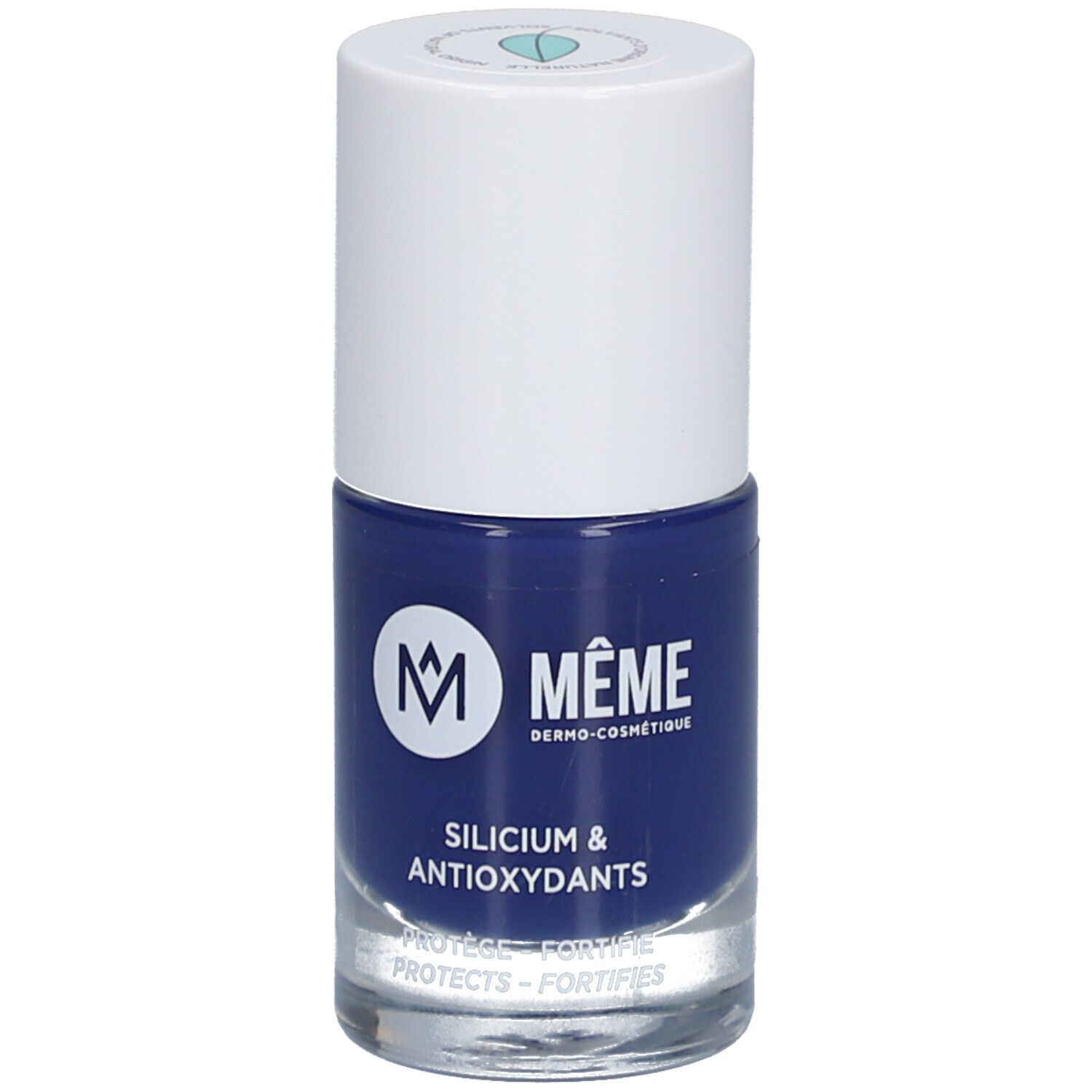Flacon de vernis à ongles bleu foncé. Bouchon blanc, nom du produit et ingrédients sur l'étiquette.