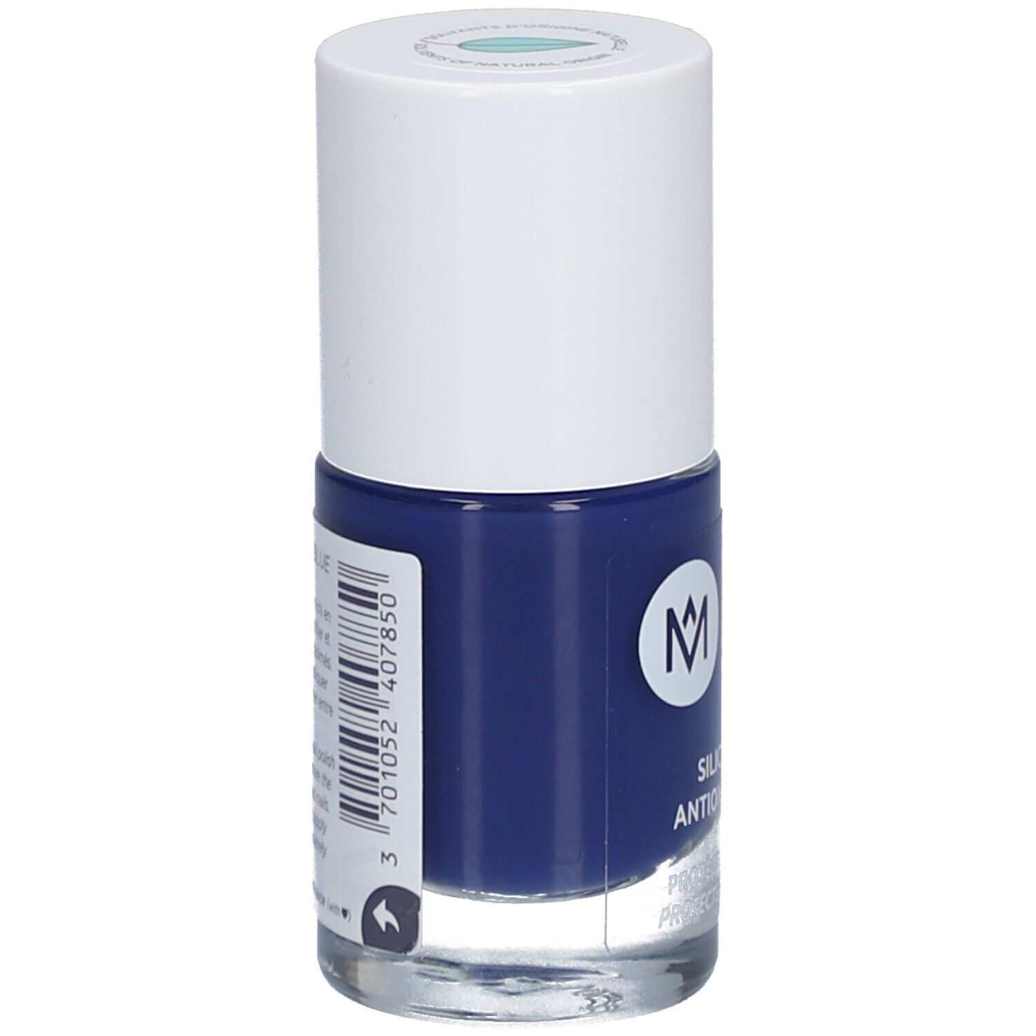 Flacon de vernis à ongles bleu foncé. Bouchon blanc, nom du produit et ingrédients sur l'étiquette.