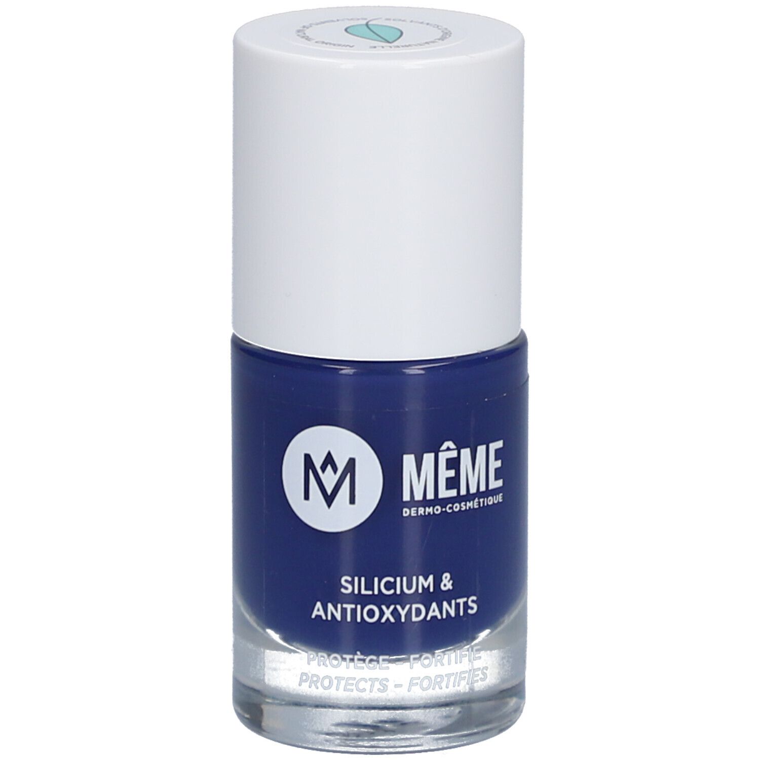 Flacon de vernis à ongles bleu foncé. Bouchon blanc, nom du produit et ingrédients sur l'étiquette.