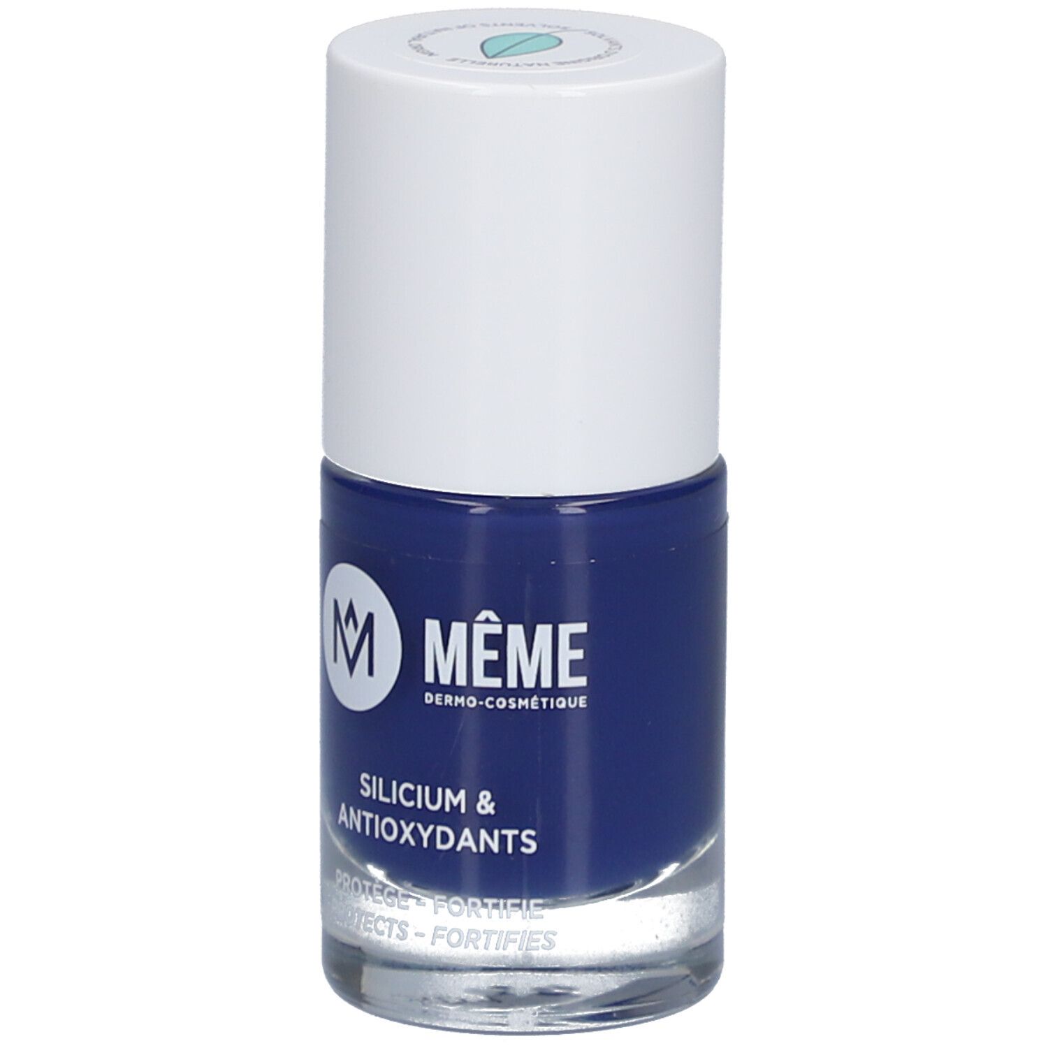 Flacon de vernis à ongles bleu foncé. Bouchon blanc, nom du produit et ingrédients sur l'étiquette.