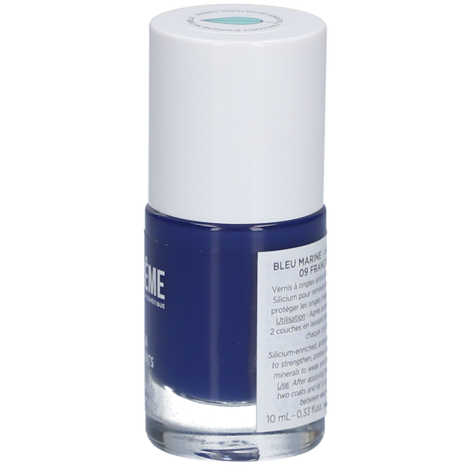 Flacon de vernis à ongles bleu foncé. Bouchon blanc, nom du produit et ingrédients sur l'étiquette.