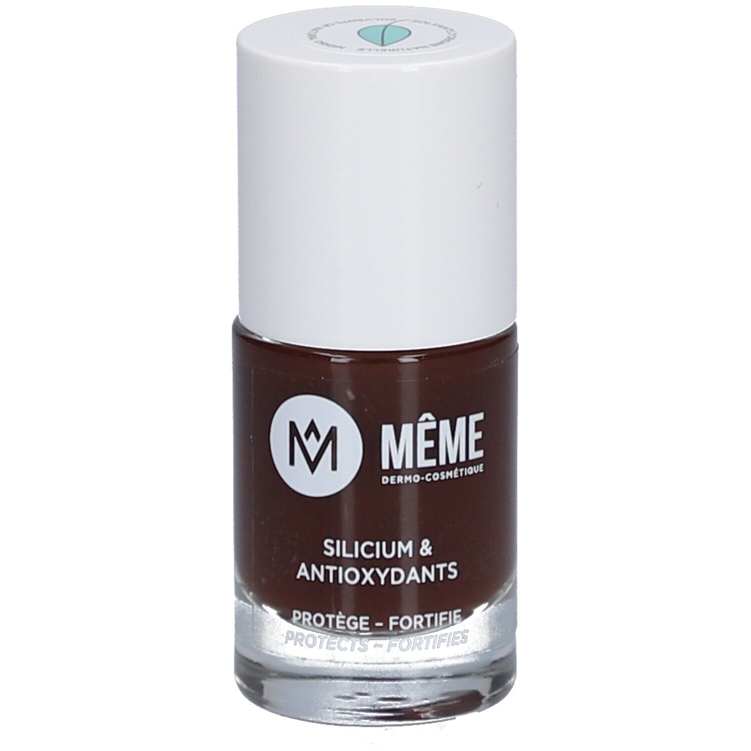 Nagellackflasche, braune Farbe, weißer Deckel. Aufschrift: MÊME, Silicium & Antioxidantien. Schützt, stärkt.