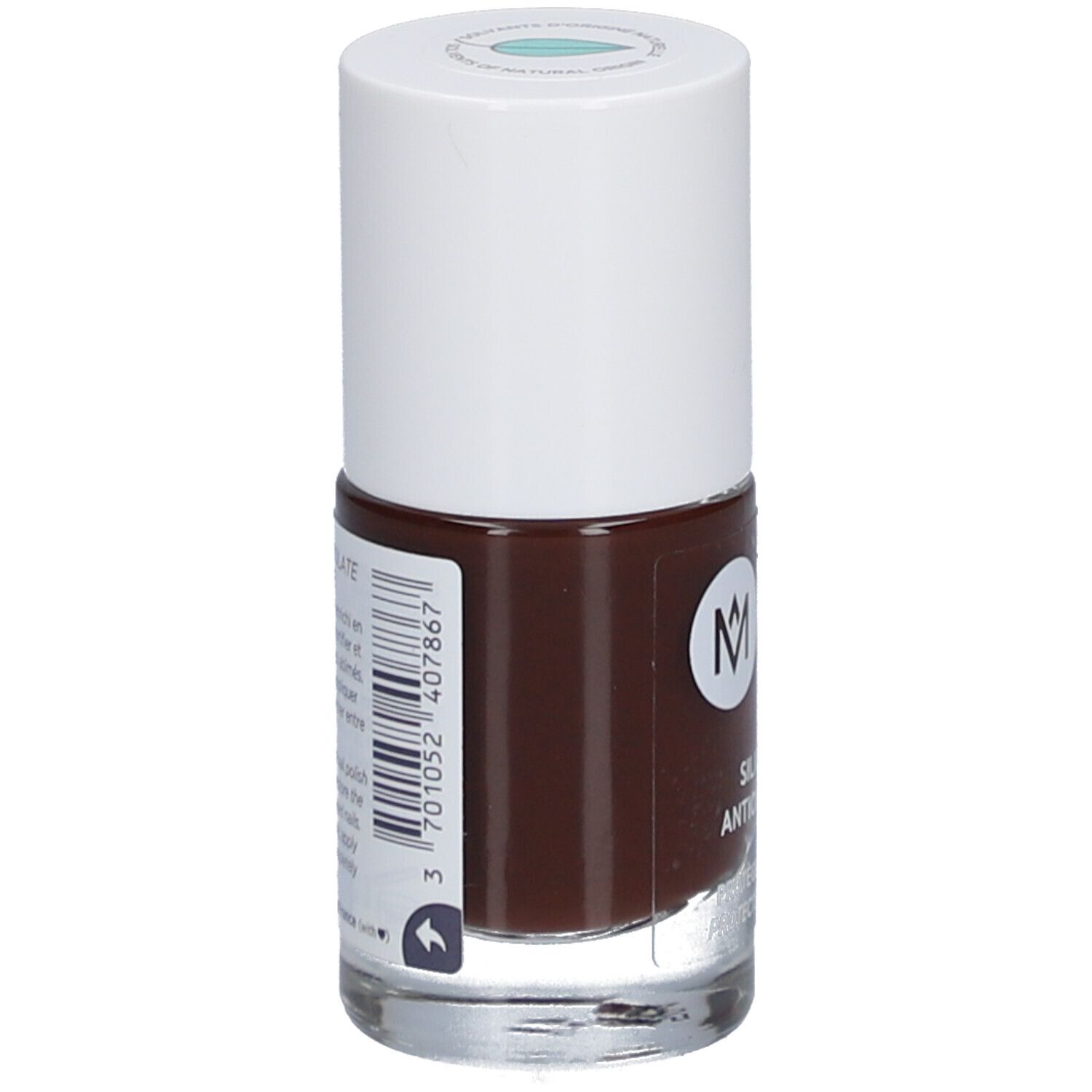 Nagellackflasche, braune Farbe, weißer Deckel. Aufschrift: MÊME, Silicium & Antioxidantien. Schützt, stärkt.