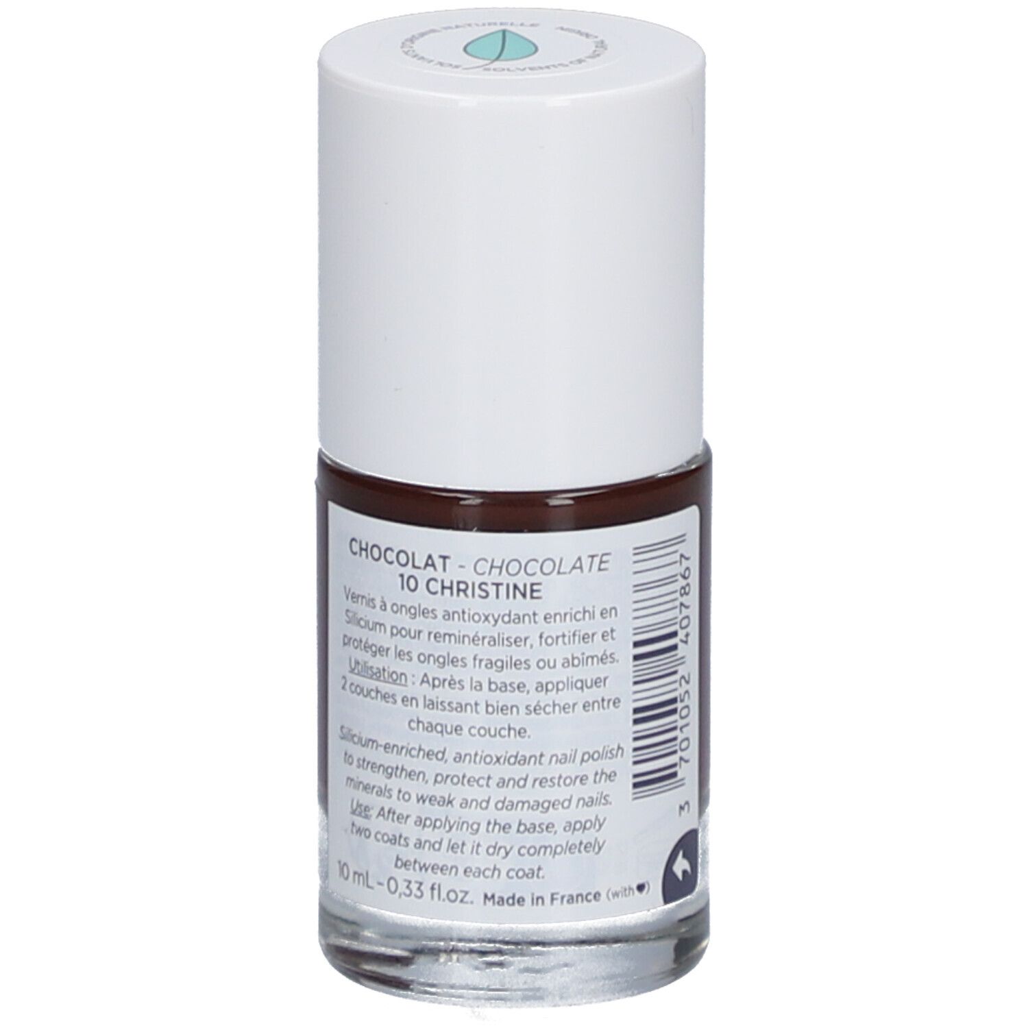 Nagellackflasche, braune Farbe, weißer Deckel. Aufschrift: MÊME, Silicium & Antioxidantien. Schützt, stärkt.