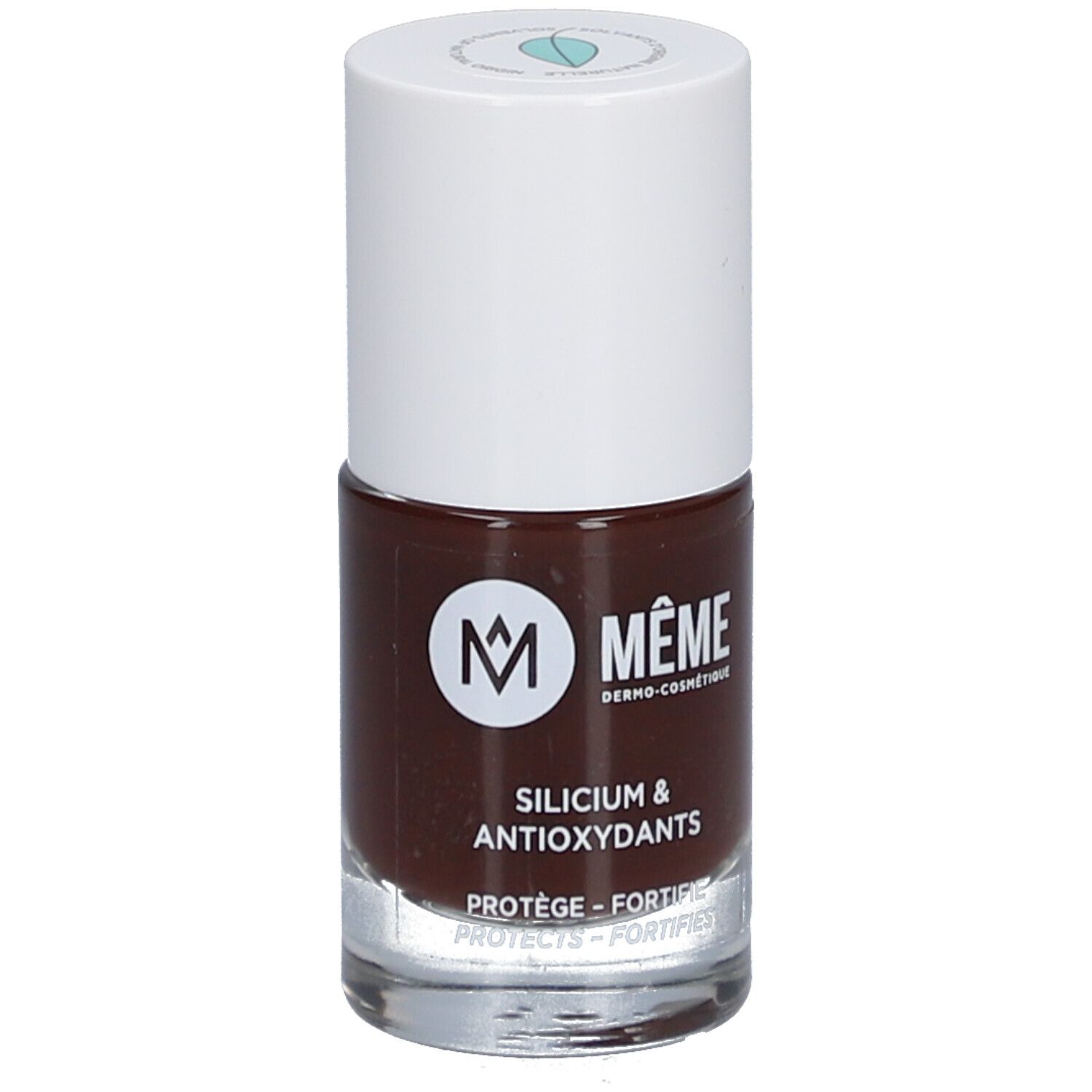 Nagellackflasche, braune Farbe, weißer Deckel. Aufschrift: MÊME, Silicium & Antioxidantien. Schützt, stärkt.
