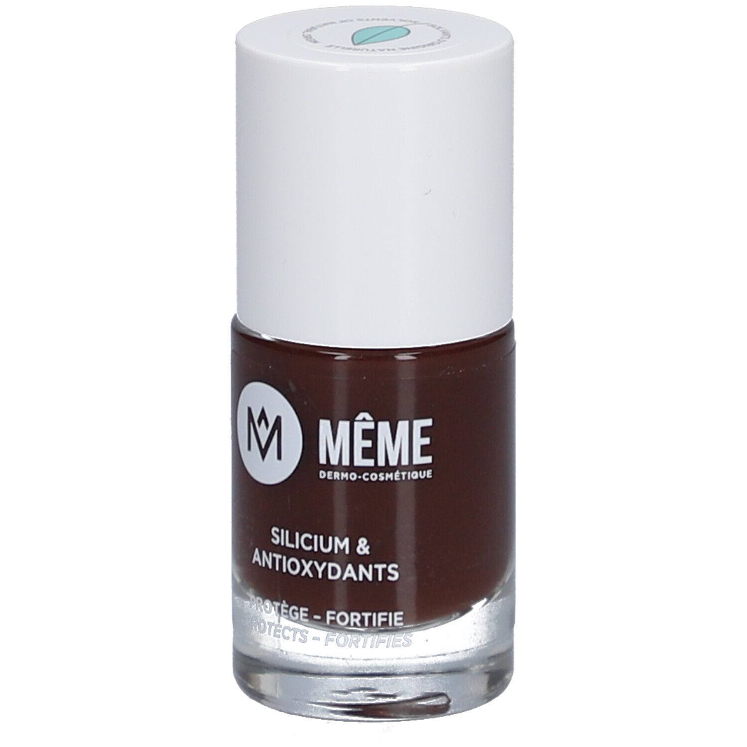 Nagellackflasche, braune Farbe, weißer Deckel. Aufschrift: MÊME, Silicium & Antioxidantien. Schützt, stärkt.