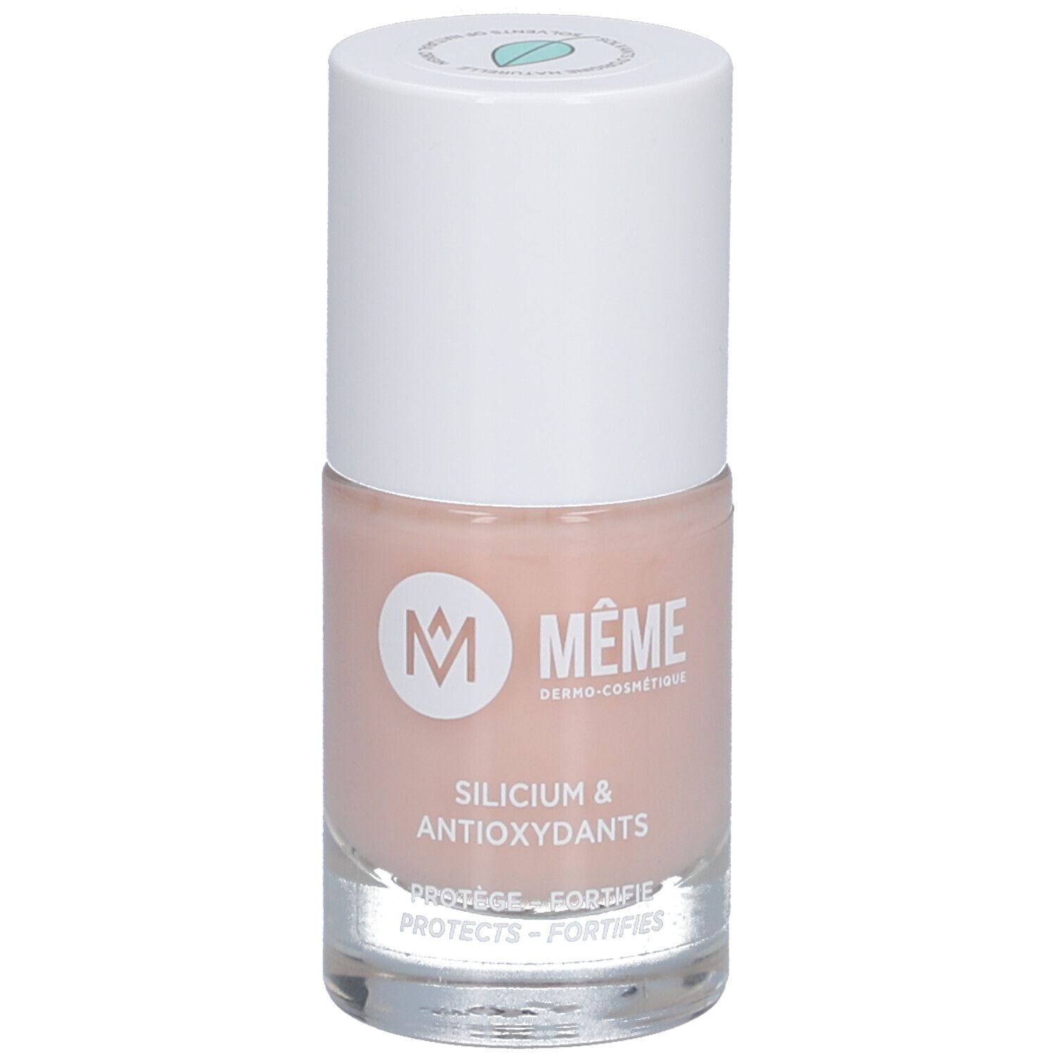 Flacon de vernis à ongles rose. Bouchon blanc. Inscription: MEME, Silicium & Antioxydants. Protège, fortifie.