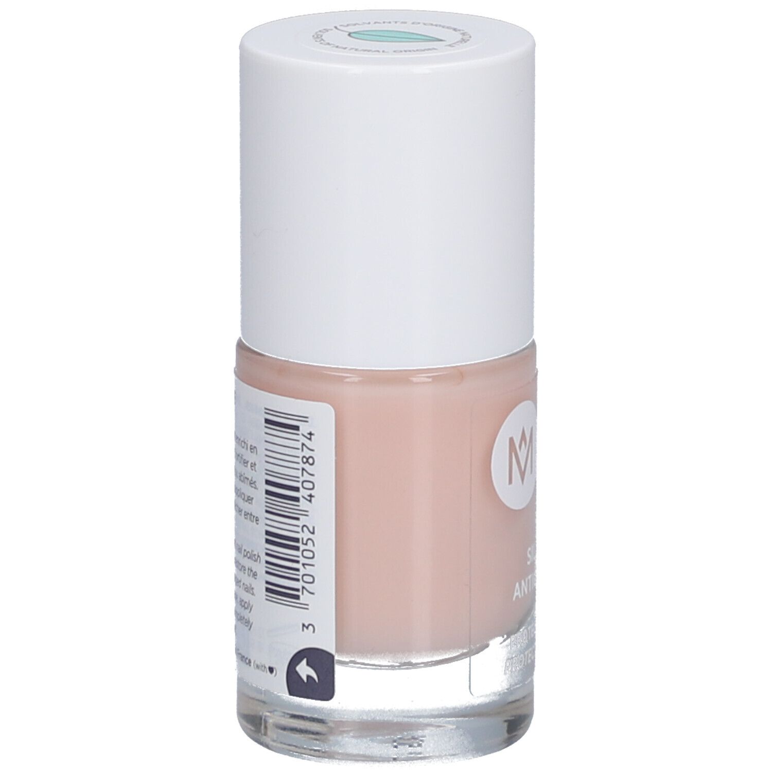 Flacon de vernis à ongles rose. Bouchon blanc. Dos avec étiquette et code-barres. Inscription: MEME.