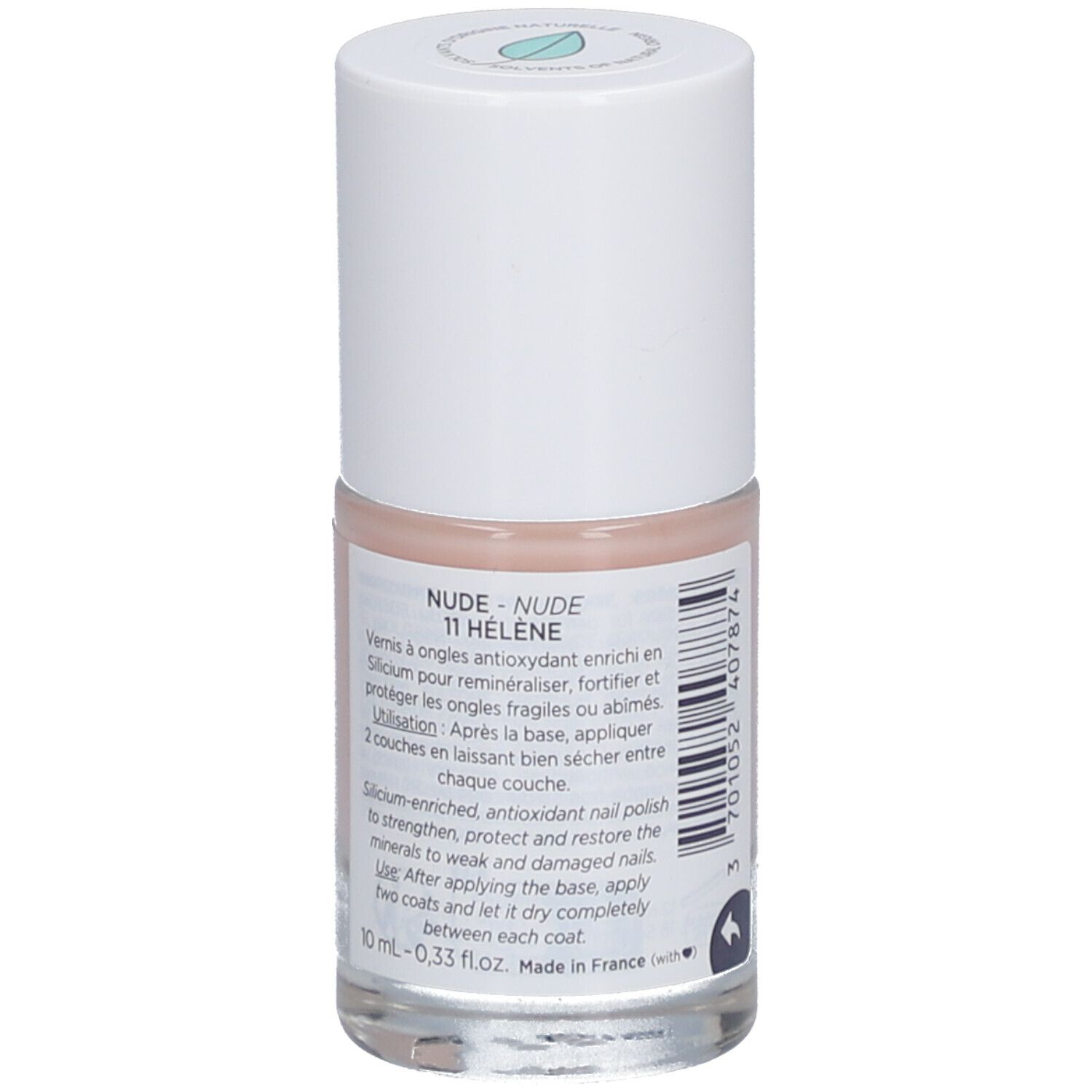Flacon de vernis à ongles rose. Bouchon blanc. Étiquette avec informations produit. Inscription: Nude 11 Hélène.