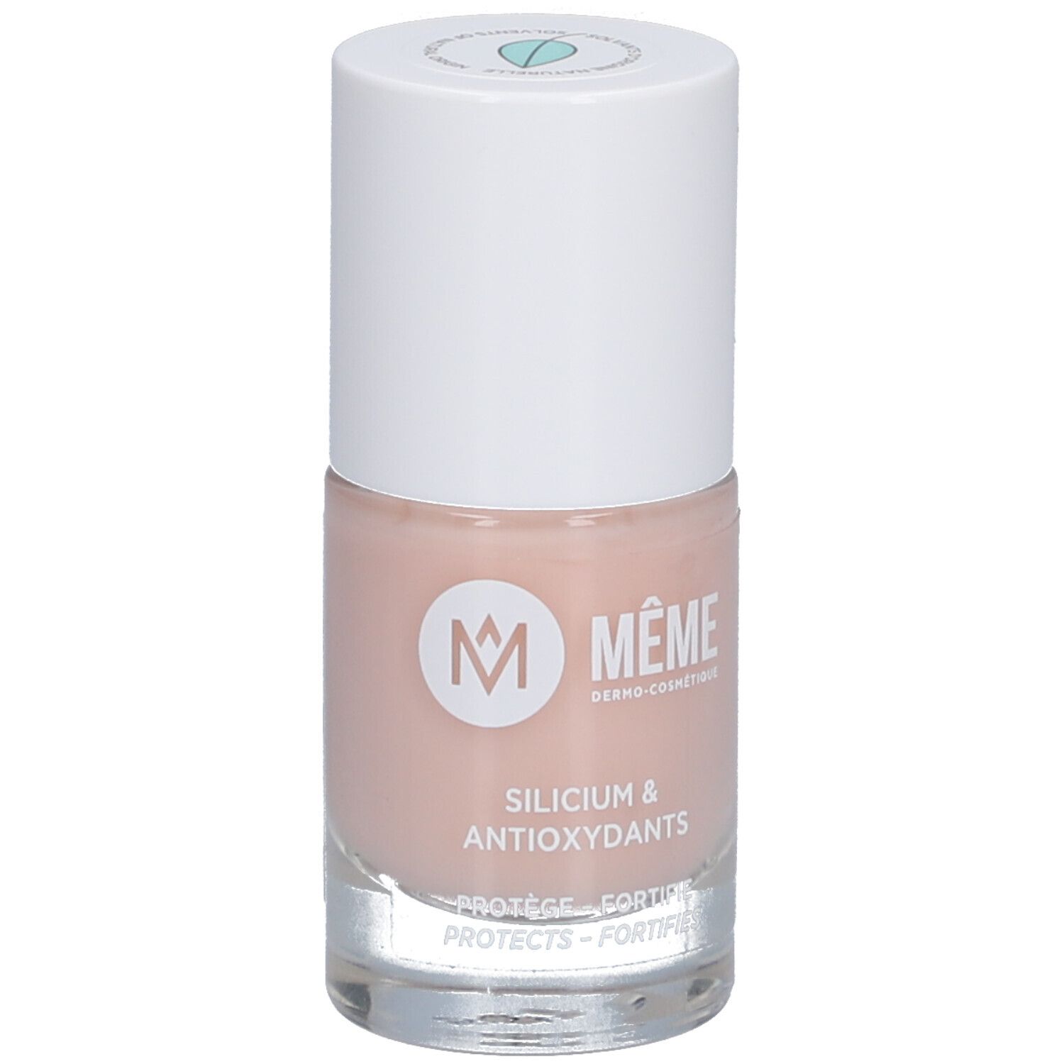 Flacon de vernis à ongles rose. Bouchon blanc. Inscription: MEME, Silicium & Antioxydants. Protège, fortifie.