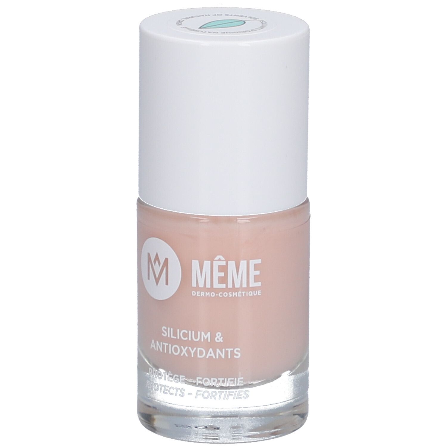 Flacon de vernis à ongles rose. Bouchon blanc. Inscription: MEME, Silicium & Antioxydants. Protège, fortifie.