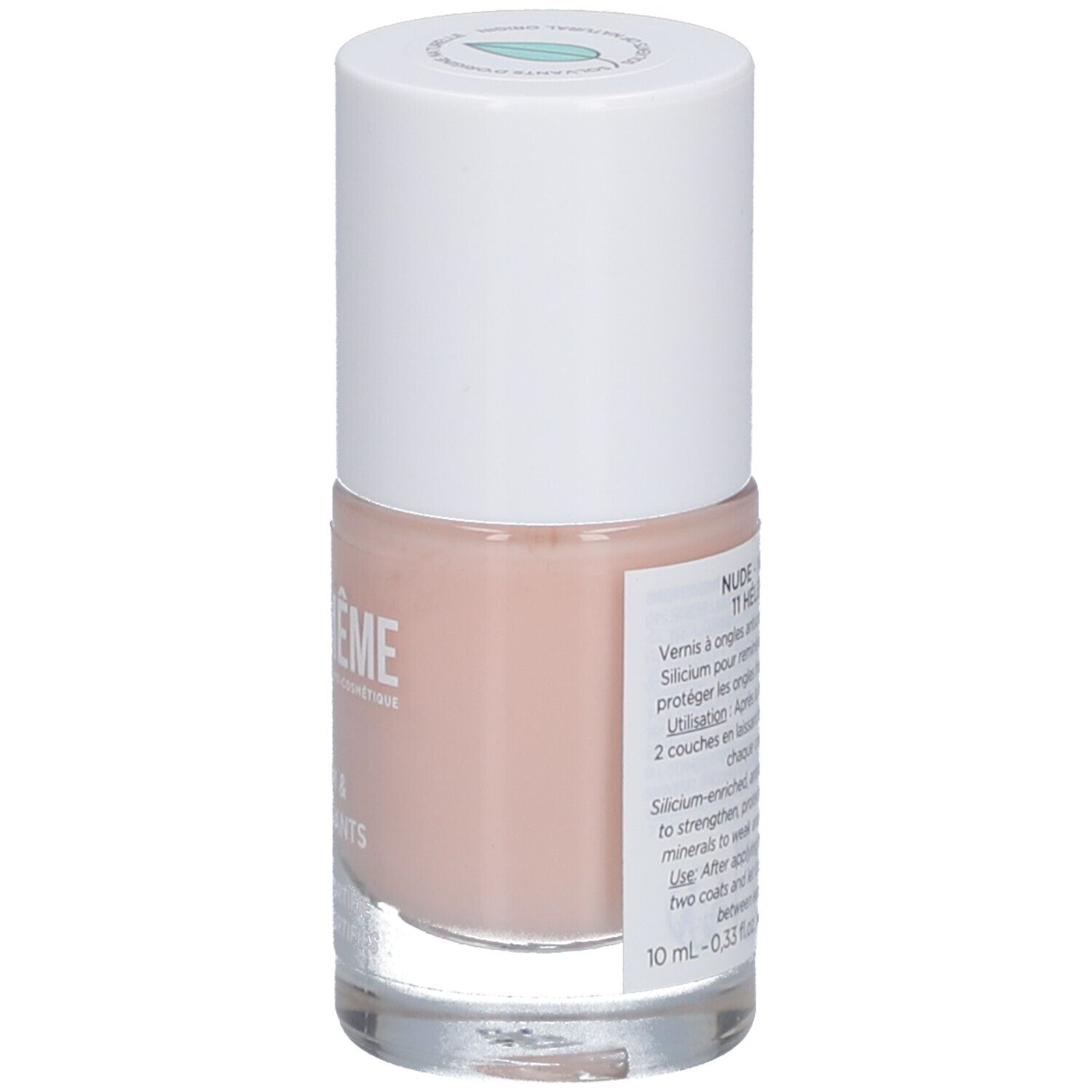 Flacon de vernis à ongles rose. Bouchon blanc. Inscription: MEME, Silicium & Antioxydants. Protège, fortifie.
