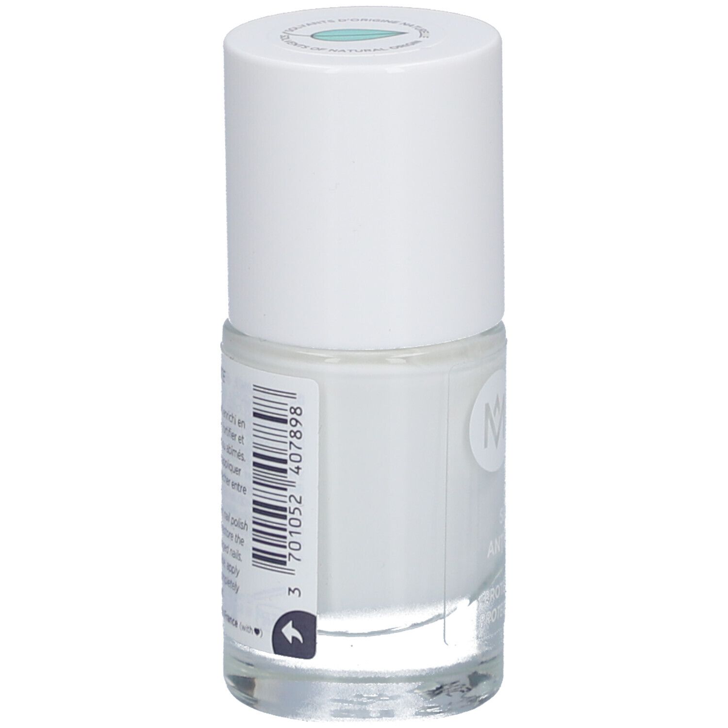 Rückansicht einer weißen Nagellackflasche von M
EME. Barcode und Produktinformationen.