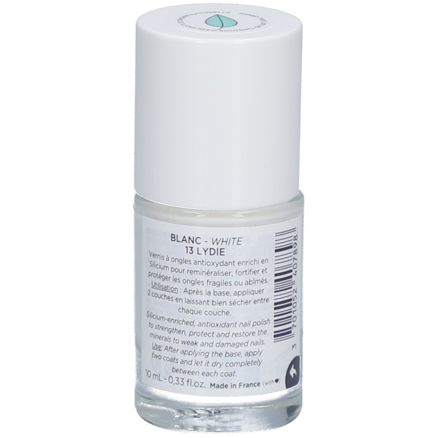 Rückansicht einer weißen Nagellackflasche von M
EME. Produktname: "13 Lydie".