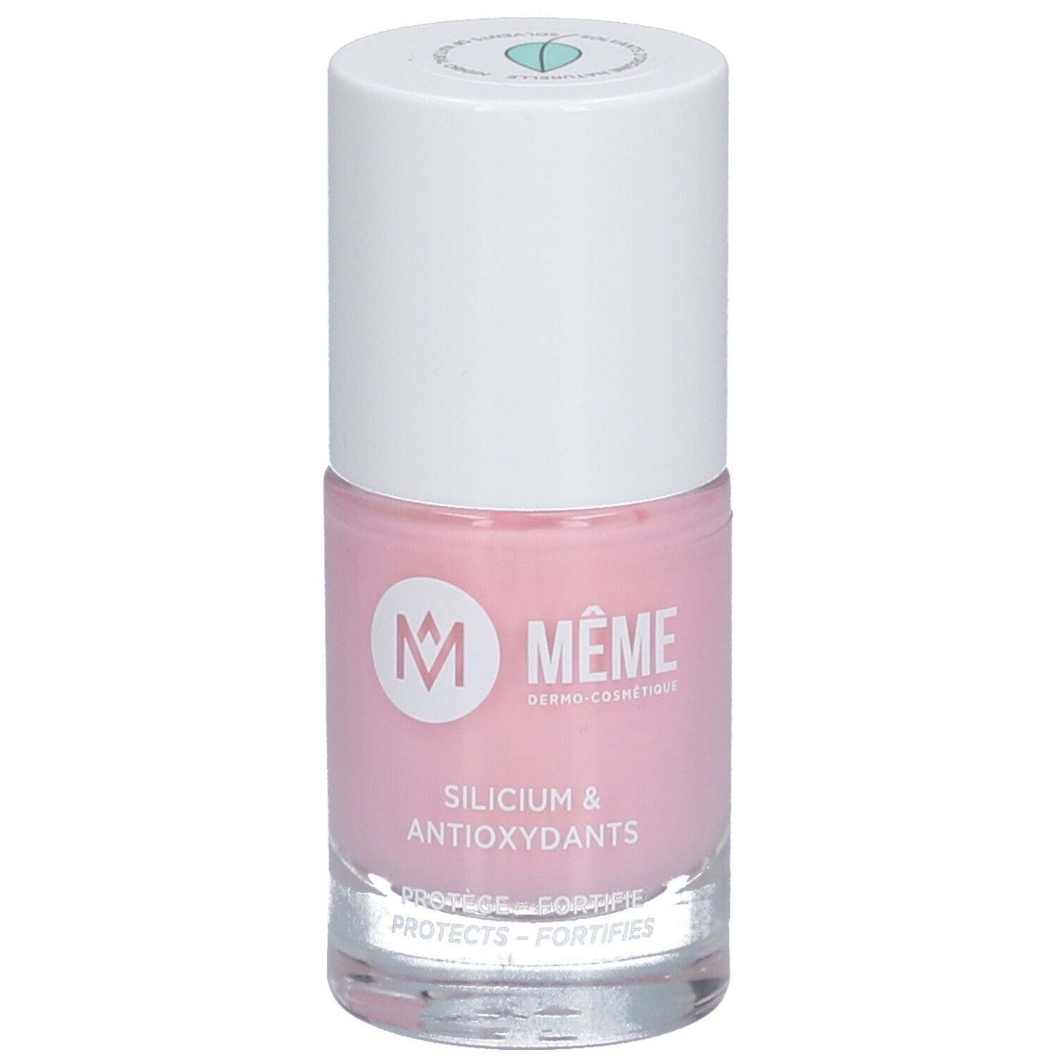 Flacon de vernis à ongles rose avec bouchon blanc. Inscription : MÊME, Silicium & Antioxydants. PRESTIGE - FORTIFIE. PROTECTS - FORTIFIES.
