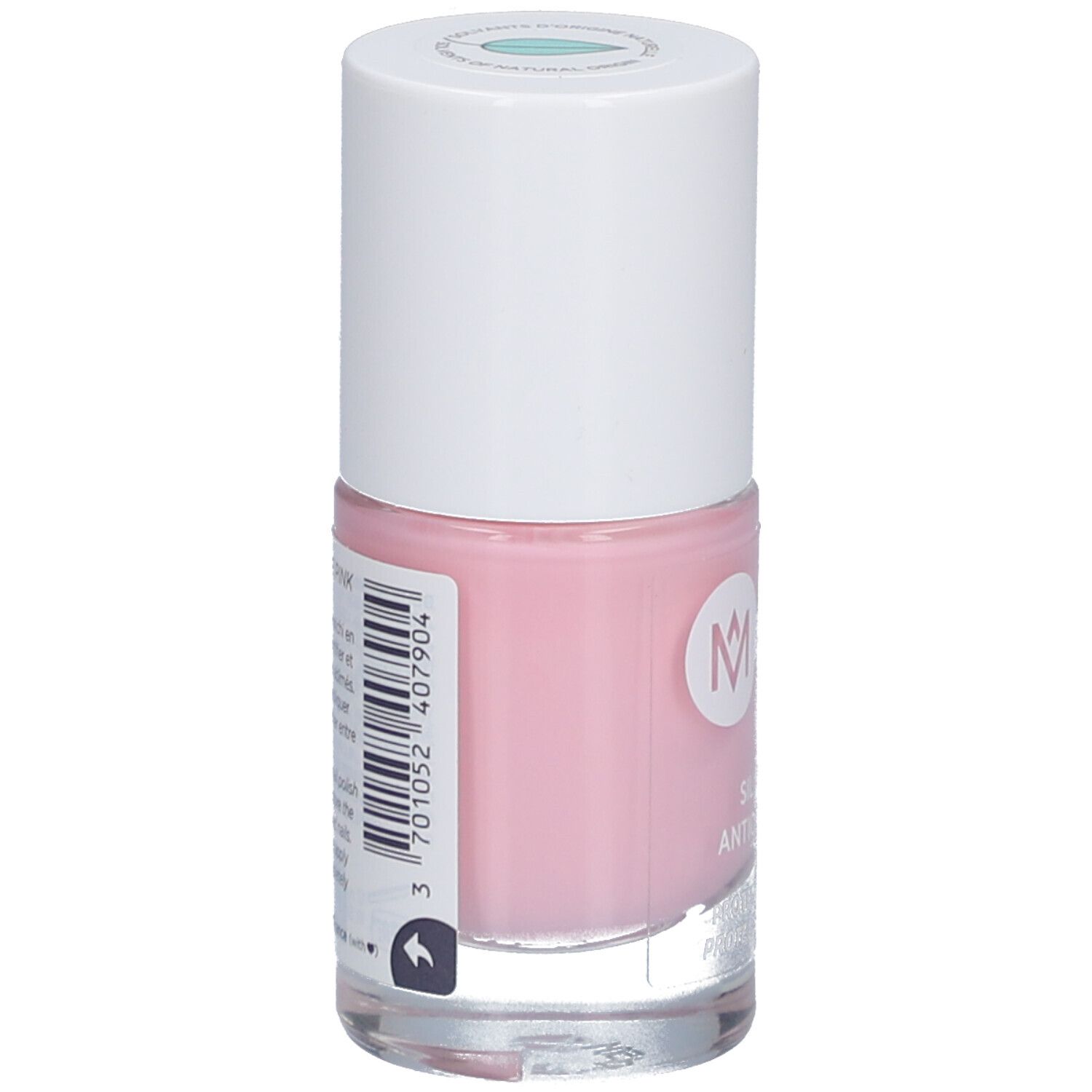 Flacon de vernis à ongles rose avec bouchon blanc. Arrière avec code-barres et informations produit. Logo MÊME.