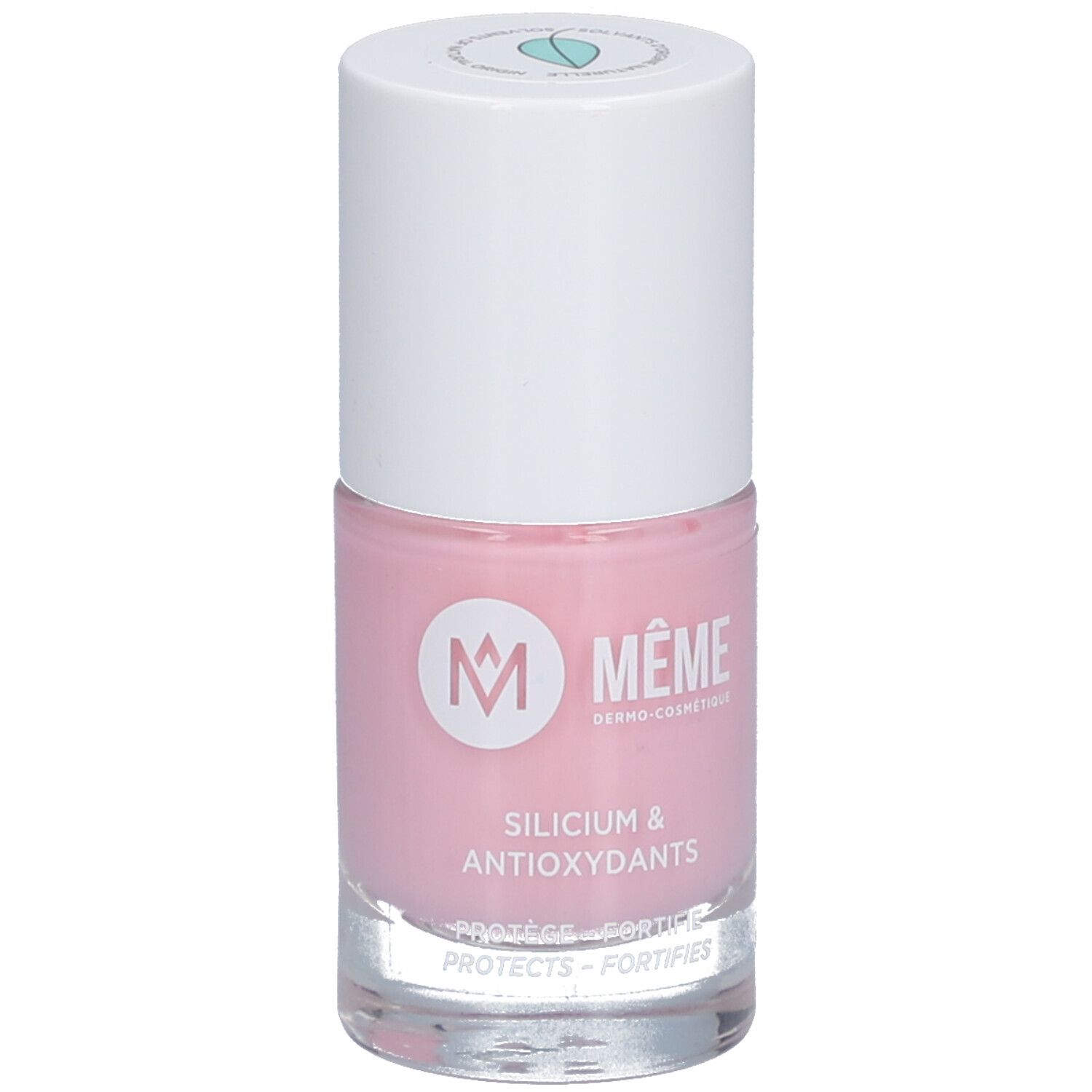 Flacon de vernis à ongles rose avec bouchon blanc. Inscription : MÊME, Silicium & Antioxydants. PRESTIGE - FORTIFIE. PROTECTS - FORTIFIES.