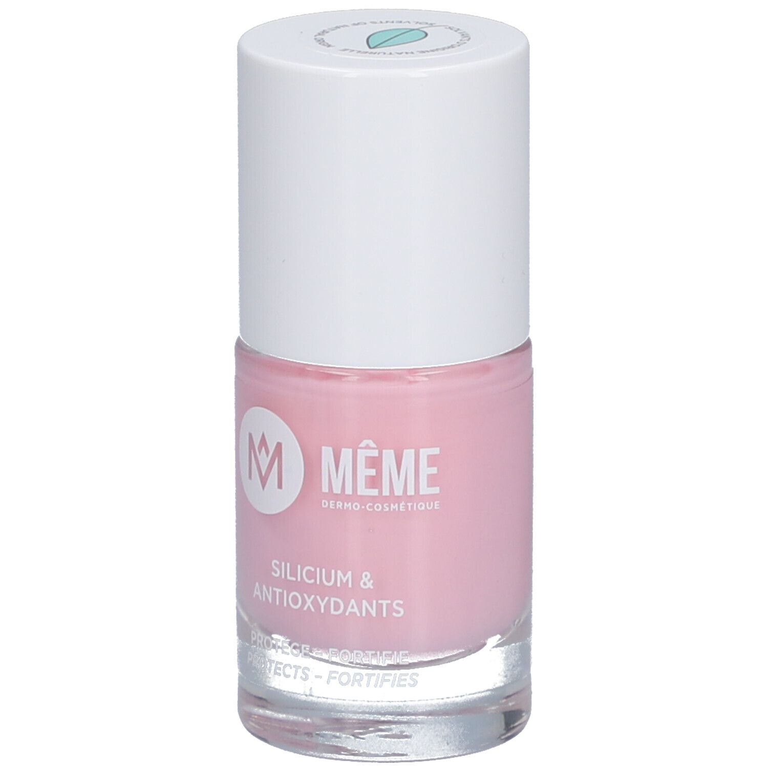 Flacon de vernis à ongles rose avec bouchon blanc. Inscription : MÊME, Silicium & Antioxydants. PRESTIGE - FORTIFIE. PROTECTS - FORTIFIES.